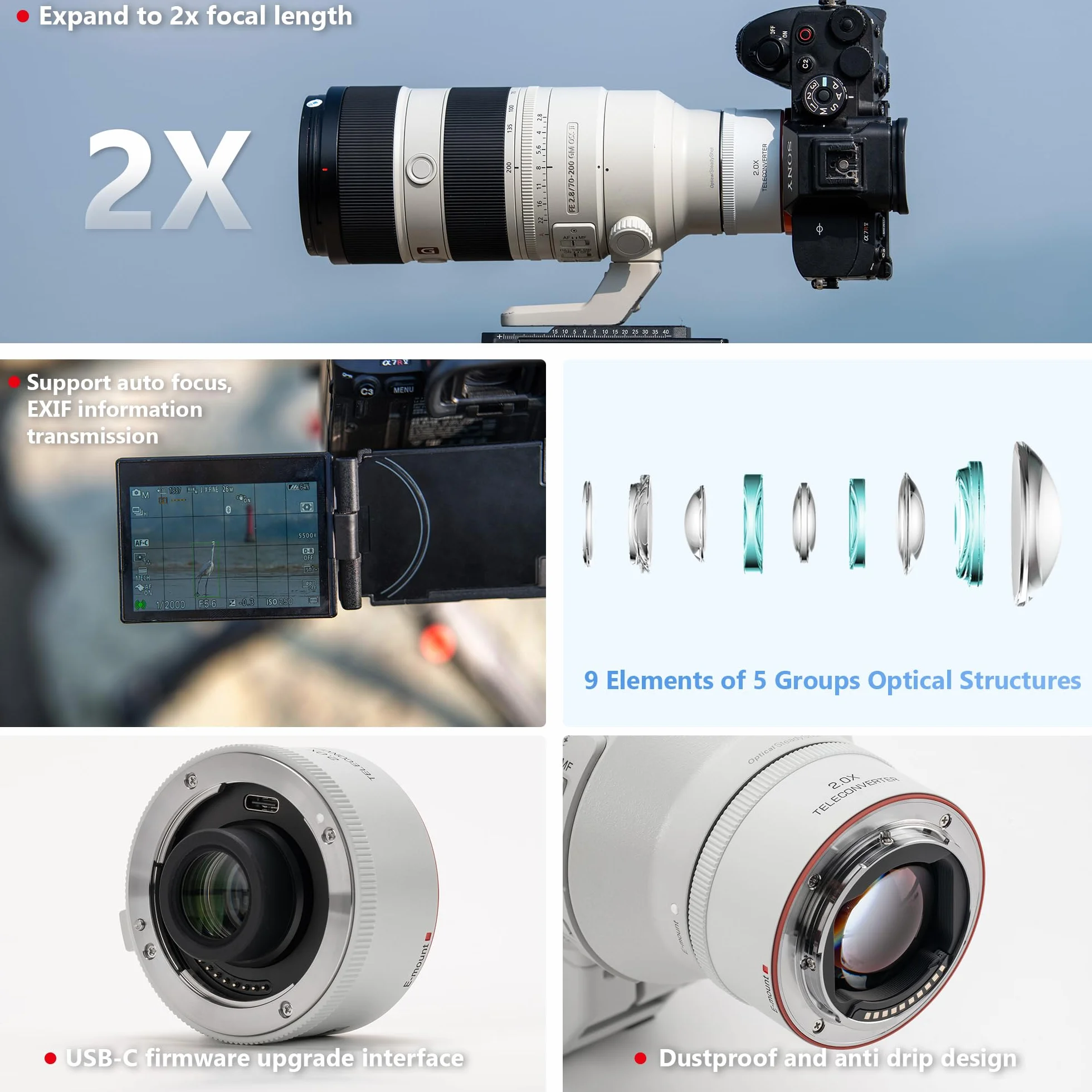 VILTROX Teleconverter TC-2.0X per Sony E Mount Teleobiettivo Extender Autofocus compatibile con obiettivo SEL70-200GM SEL100-400GM SEL200-600G