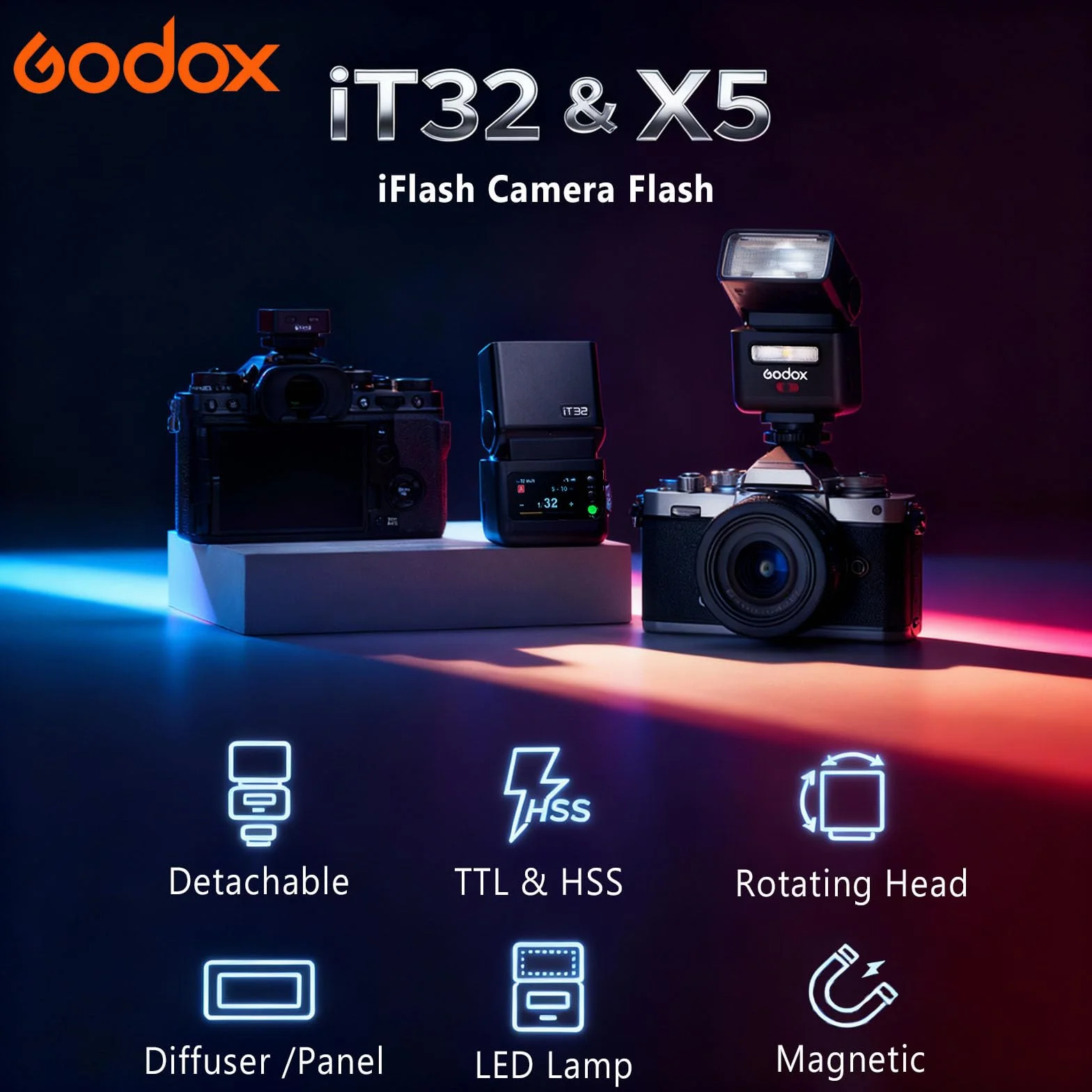 Godox iT32 TTL Flash for Sony, Wireless 2.4GHz HSS 1/8000s Touchscreen LED, Compatible Sony ZV-E10 a7IV a9III a6400 a6700