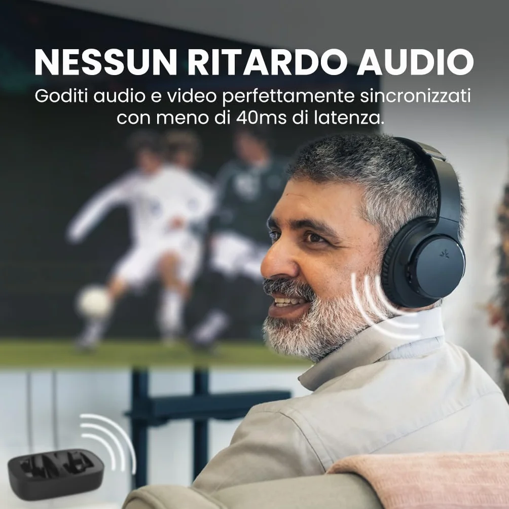 Avantree Ensemble – Cuffie TV Senza Fili Wireless per Anziani con Clear Voice, Base di Ricarica, Configurazione Facile, 35h di Autonomia, Design Confortevole, Compatibili con Ottico/AUX e TV Bluetooth