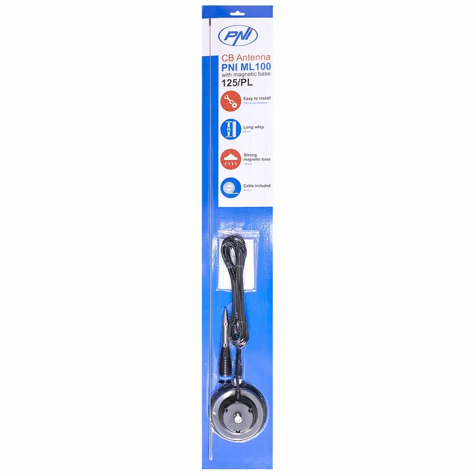 Antenna CB PNI ML100, 100 cm di lunghezza, Base Magnetica 125 mm incluso, 26-30MHz,250W, Spina Pl259 Con Cavo Coassiale 4 m, Ricetrasmettitore Per Veicolo