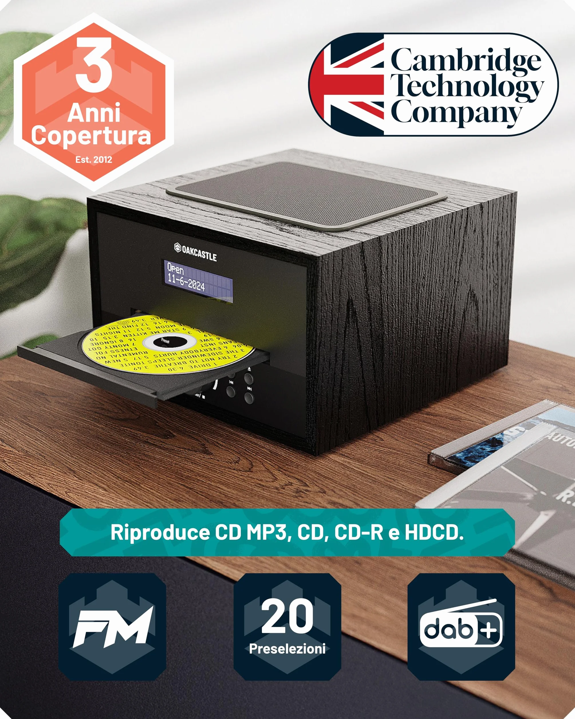 Oakcastle DAB400 Mini Impianto Stereo Hi-Fi 40W Radio DAB/DAB+ Bluetooth 5.0 Lettore CD