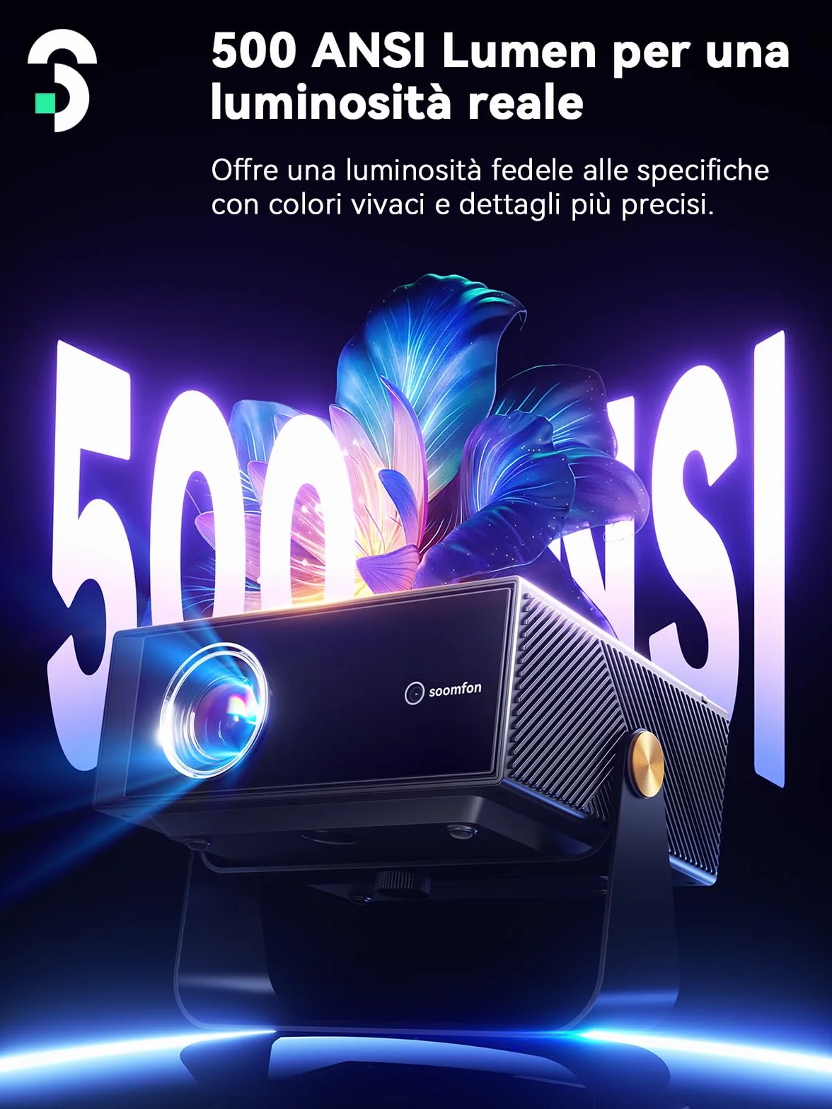 SOOMFON SK3 Proiettore Portatile 4K Supporta 1080P Nativo Smart TV | Auto Focus e Keystone Videoproiettore 500 ANSI WiFi Bluetooth 360° Rotation Netflix Compatibile per HDMI/Home Cinema/Esterni