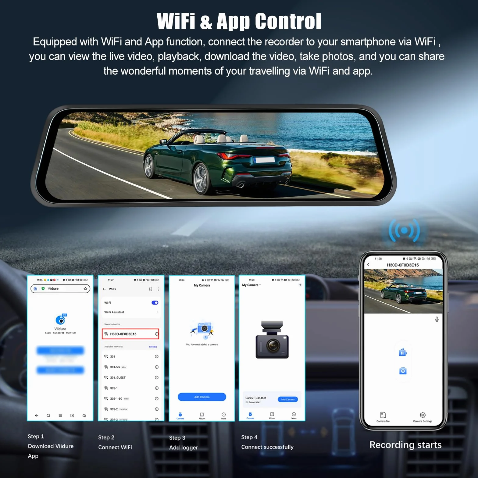 OiLiehu 9,66 Pollici Touchscreen 4K HD Mirror Dashcam con Telecamera Posteriore WiFi Dash Cam per Auto con G-Sensor/WDR/LCA/BSD/Monitor Parcheggio/Registrazione in Loop/Grandangolo 150°/Visione Nott