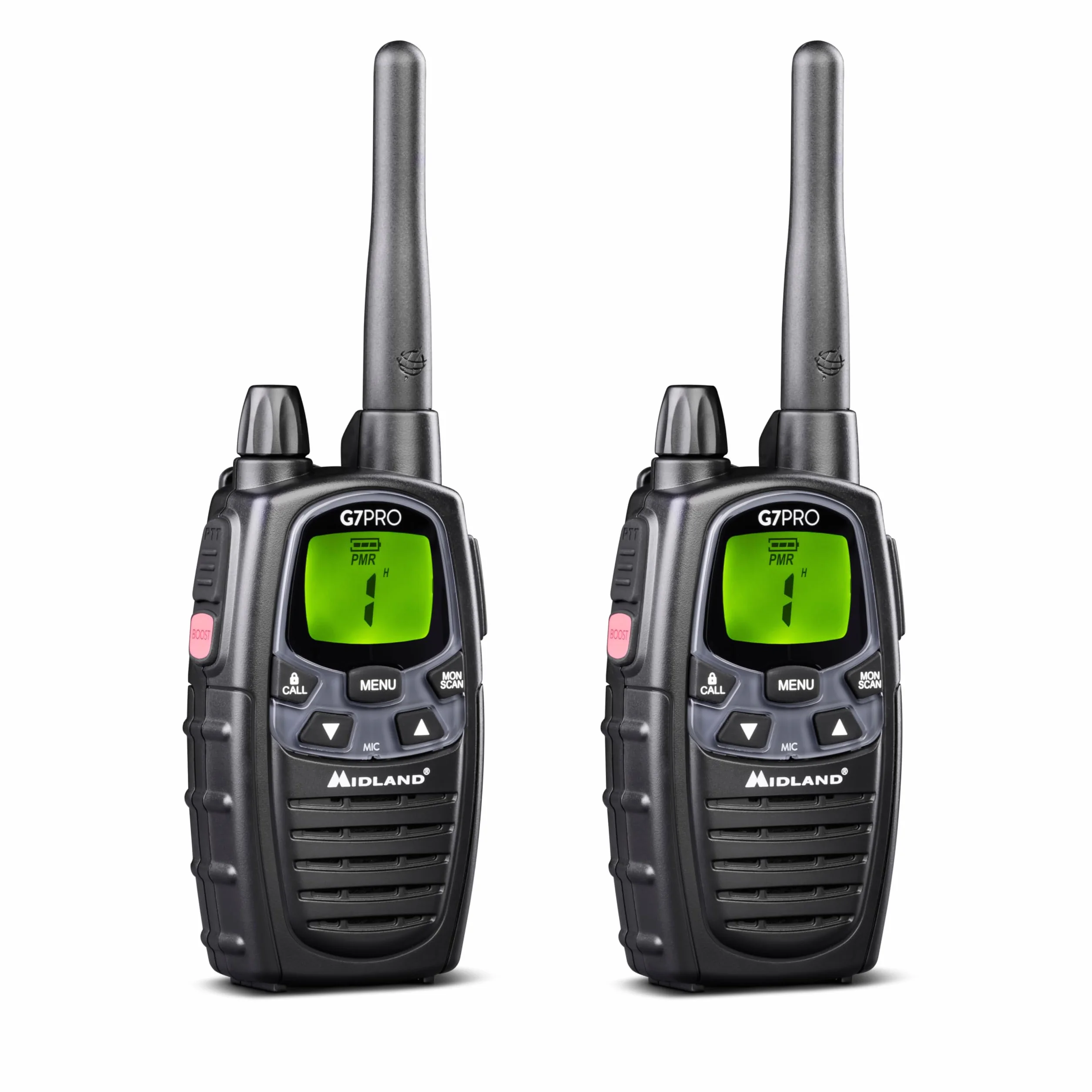 Midland - Walkie Talkie G7 PRO, Coppia Ricetrasmittenti Professionali Softair e Outdoor, 85 Canali - 16 PMR446/69 LPD Senza Licenza, Copertura 10Km, Autonomia 18 Ore, Batterie Ricaricabili e Accessori