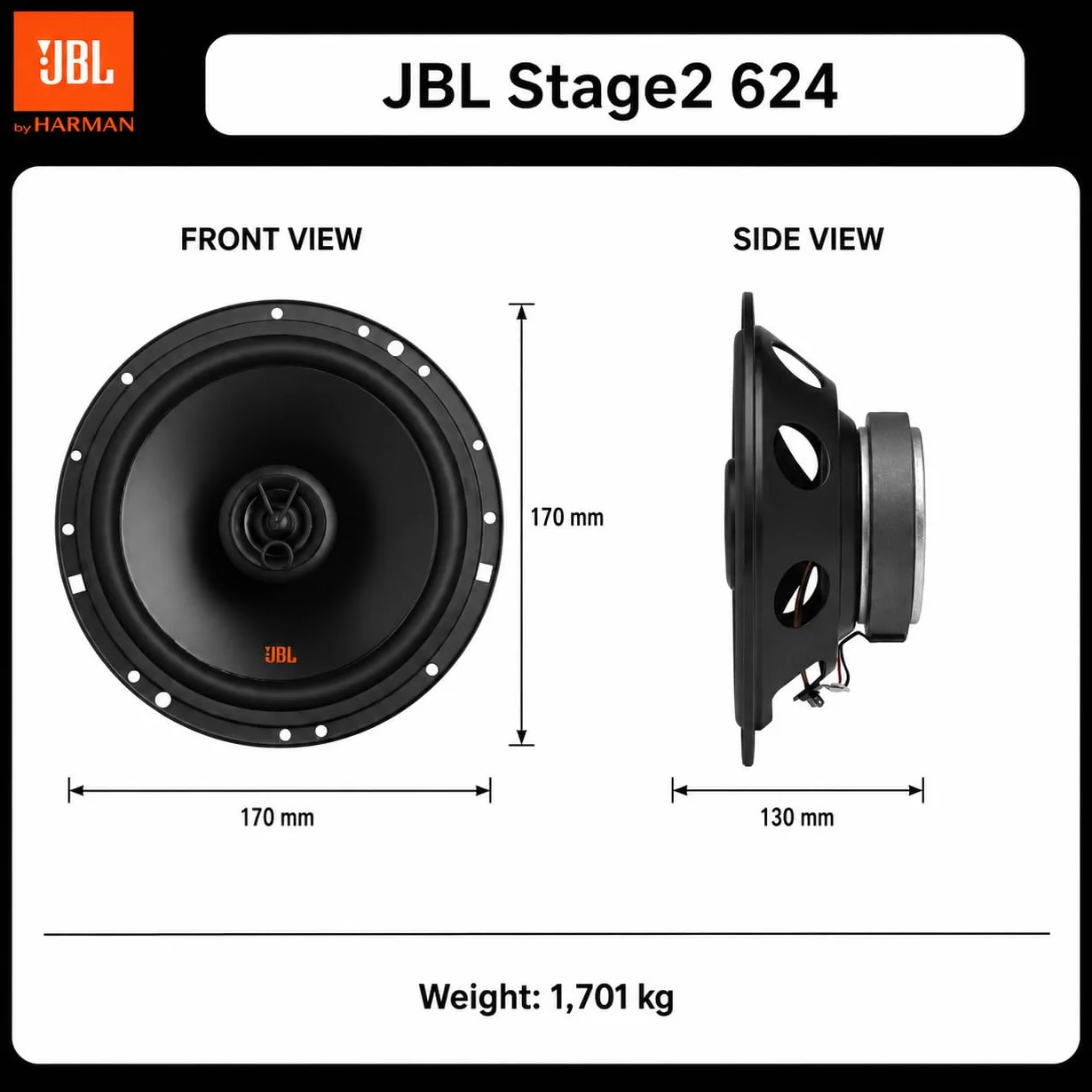 JBL Stage2 624 2-Vie impianto stereo Altoparlanti Auto Sistema di Harman Kardon - 240 Watt JBL Casse Auto, Nero, 16 cm