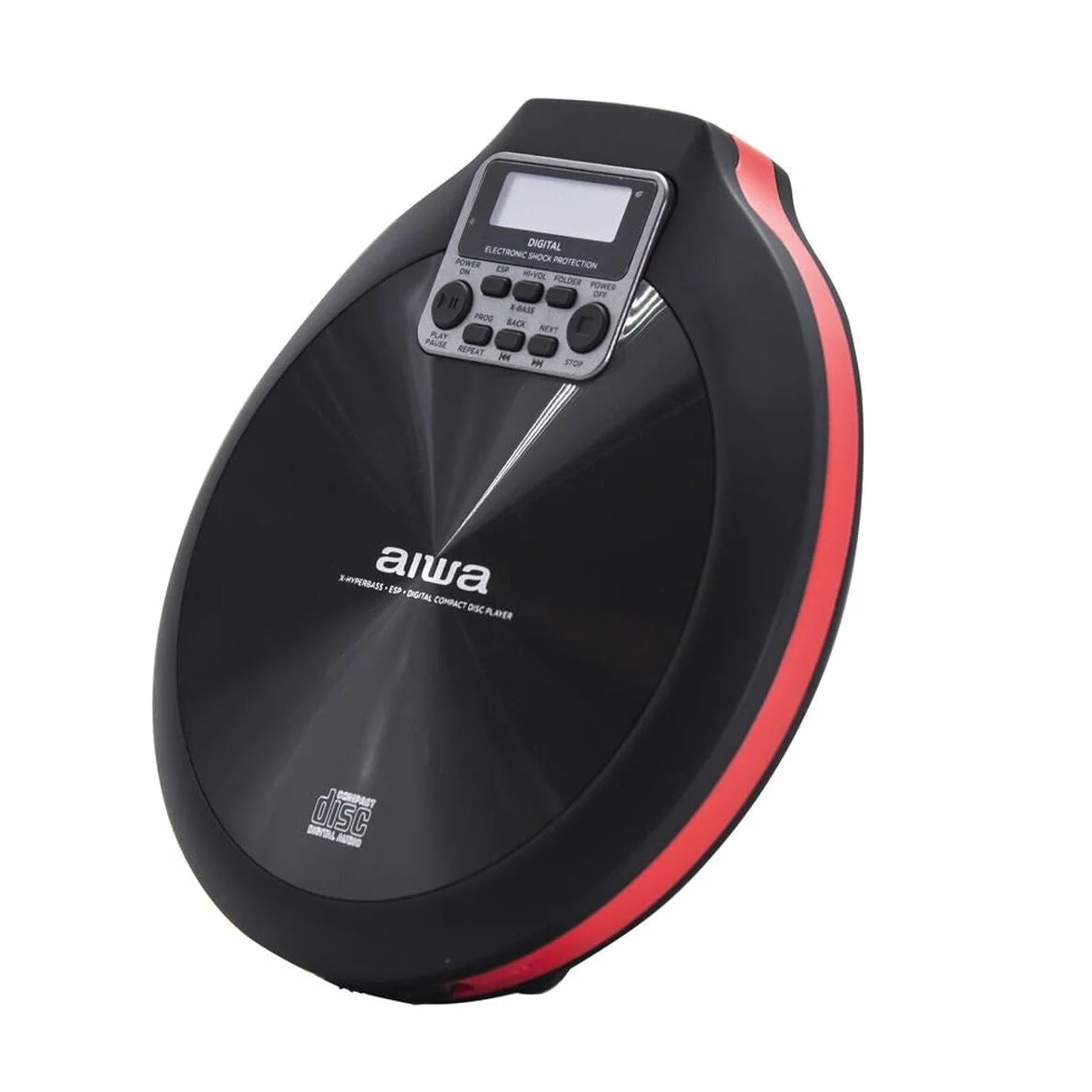 AIWA - PCD-810RD Lettore CD Portatile, Protetto dagli Urti, Presa per Auricolari Mini-Jack da 3.5 mm, Display LCD, Colore Rosso