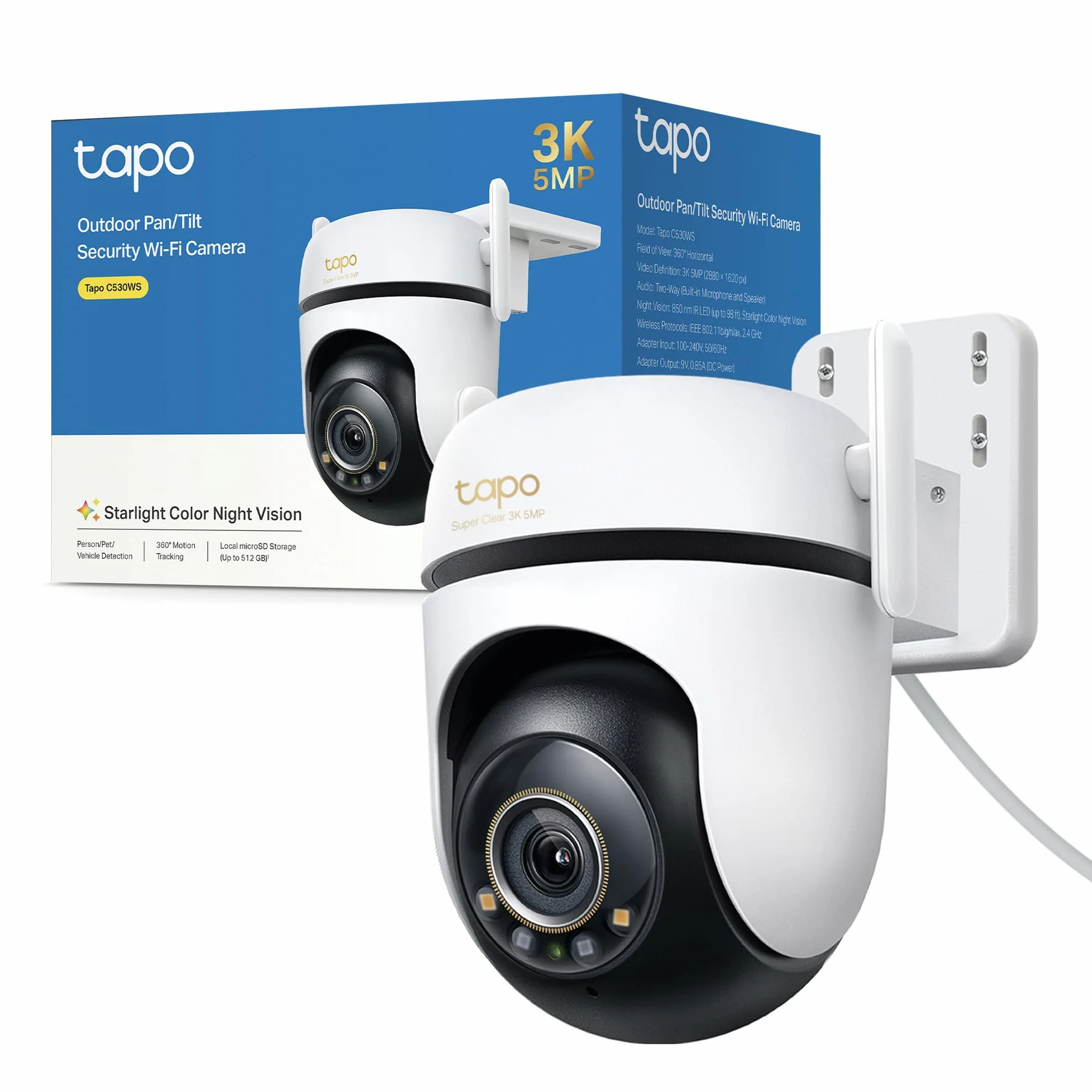 Tapo C530WS Telecamera Wi-Fi Esterno 3K 5MP 360° Visione Notturna a Colori Starlight Rilevamento AI IP66 Wi-Fi Ethernet Allarme Sonoro Luminoso MicroSD 512 GB