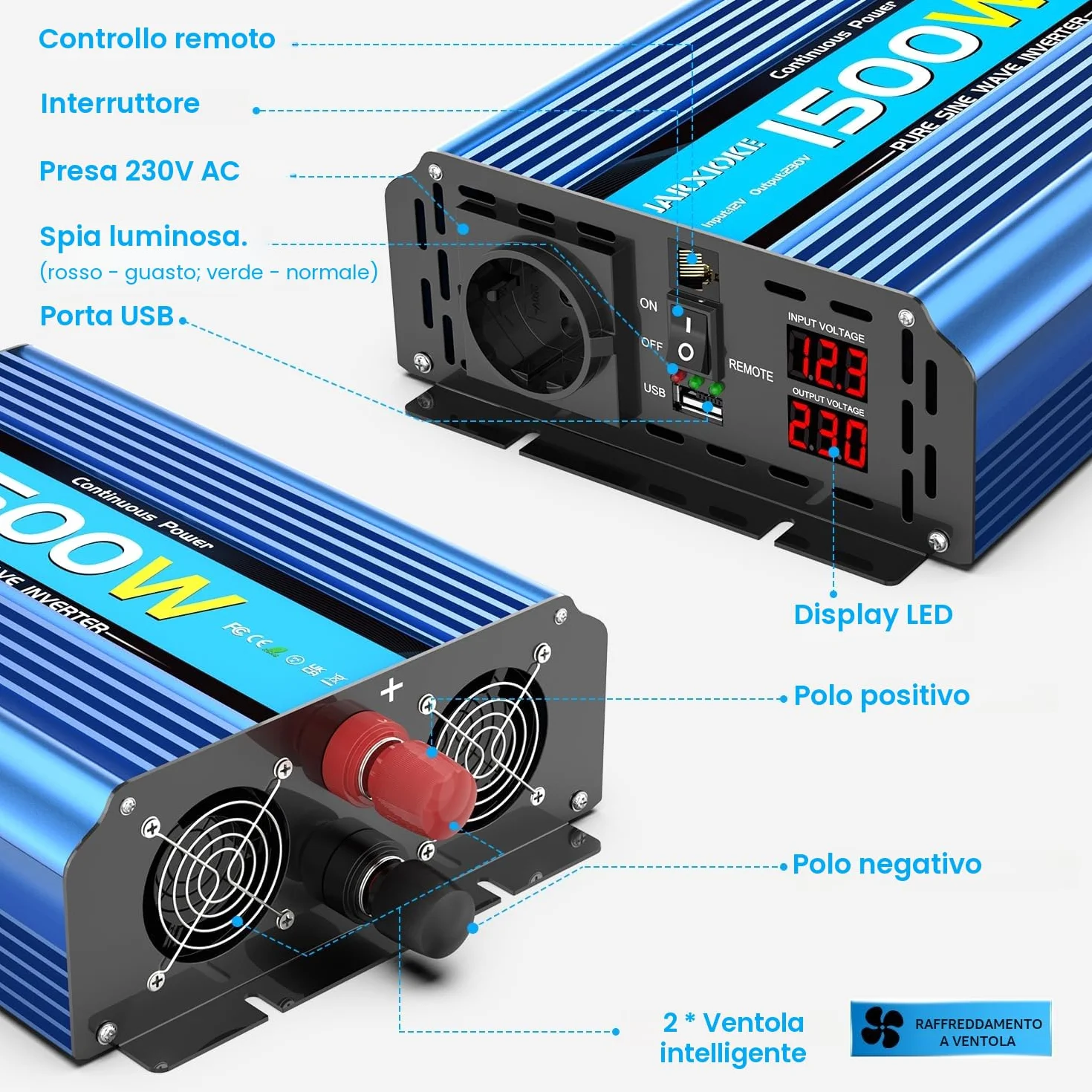 1500W/3000W Inverter 12v 220v Onda Pura Invertitore di Potenza 12v 220V/230V Trasformatore di Potenza Convertitore - Telecomando & USB & EU Presa per Auto Camper Barca
