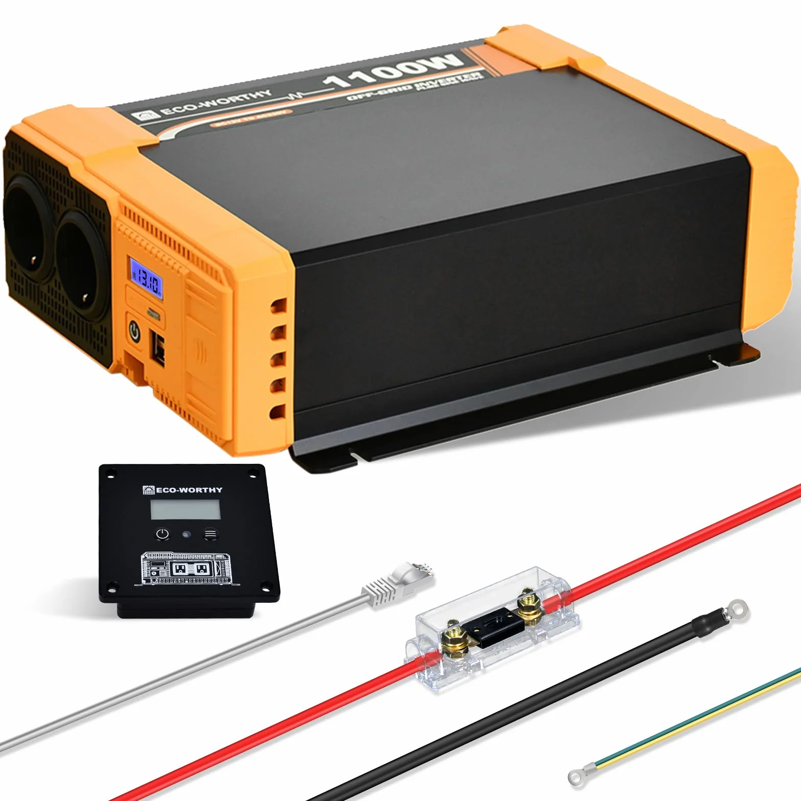 ECO-WORTHY Inverter da 12 V a 230 V sinus puro, convertitore di tensione da 1100 W, connettore USB Dual 18 W, 2 prese AC, 1 morsetti hardwire e 1 fusibile da 100 A, ECO1100W(BB)