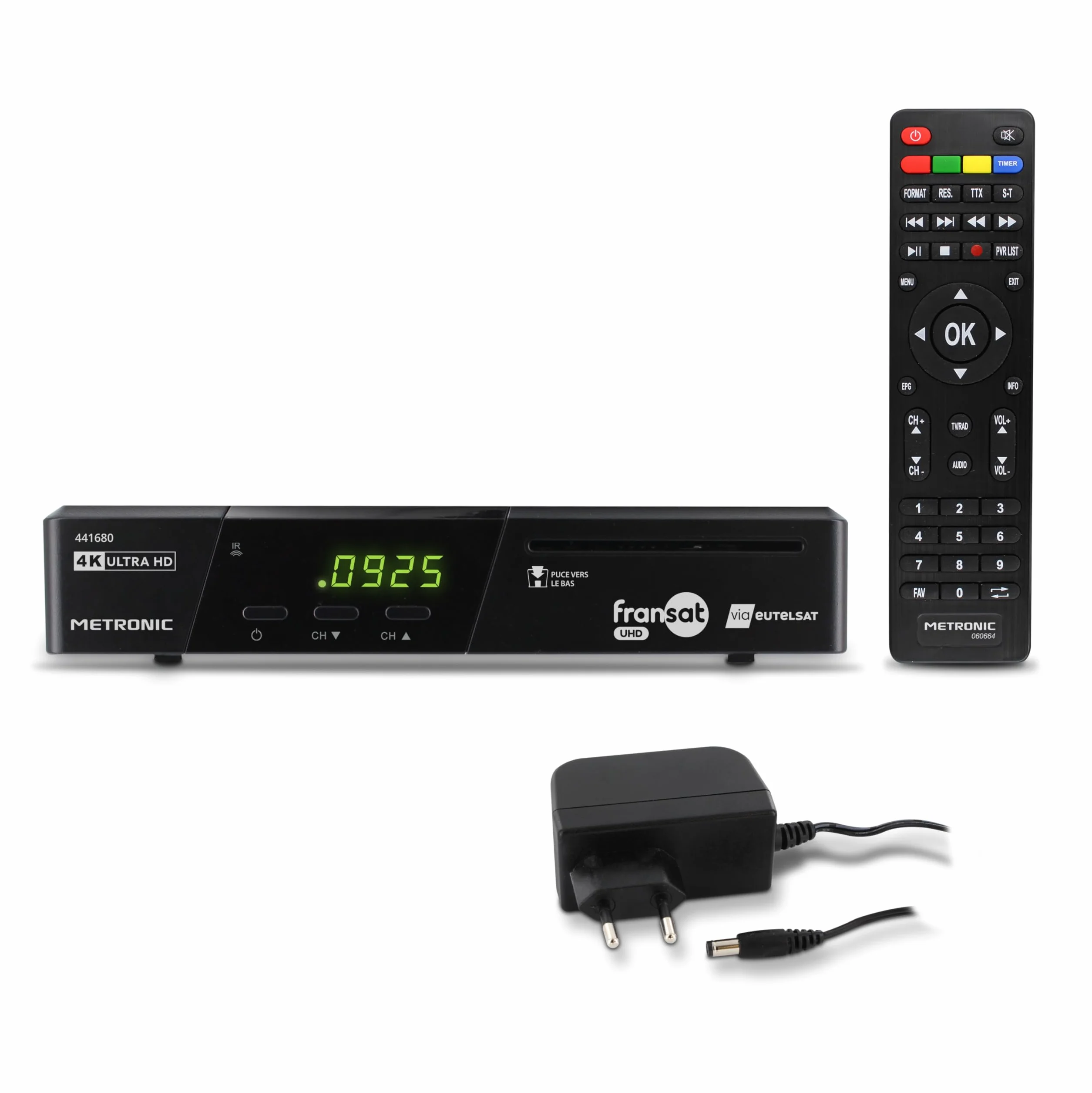 METRONIC 441680 Fransat 4K UHD HDR10 Satellite, Ricezione TNT Gratuita, Suono Dolby Atmos, Porta USB Dual Power, Carta Fransat Inclusa, Pausa e Riproduzione TV (Time Shift)
