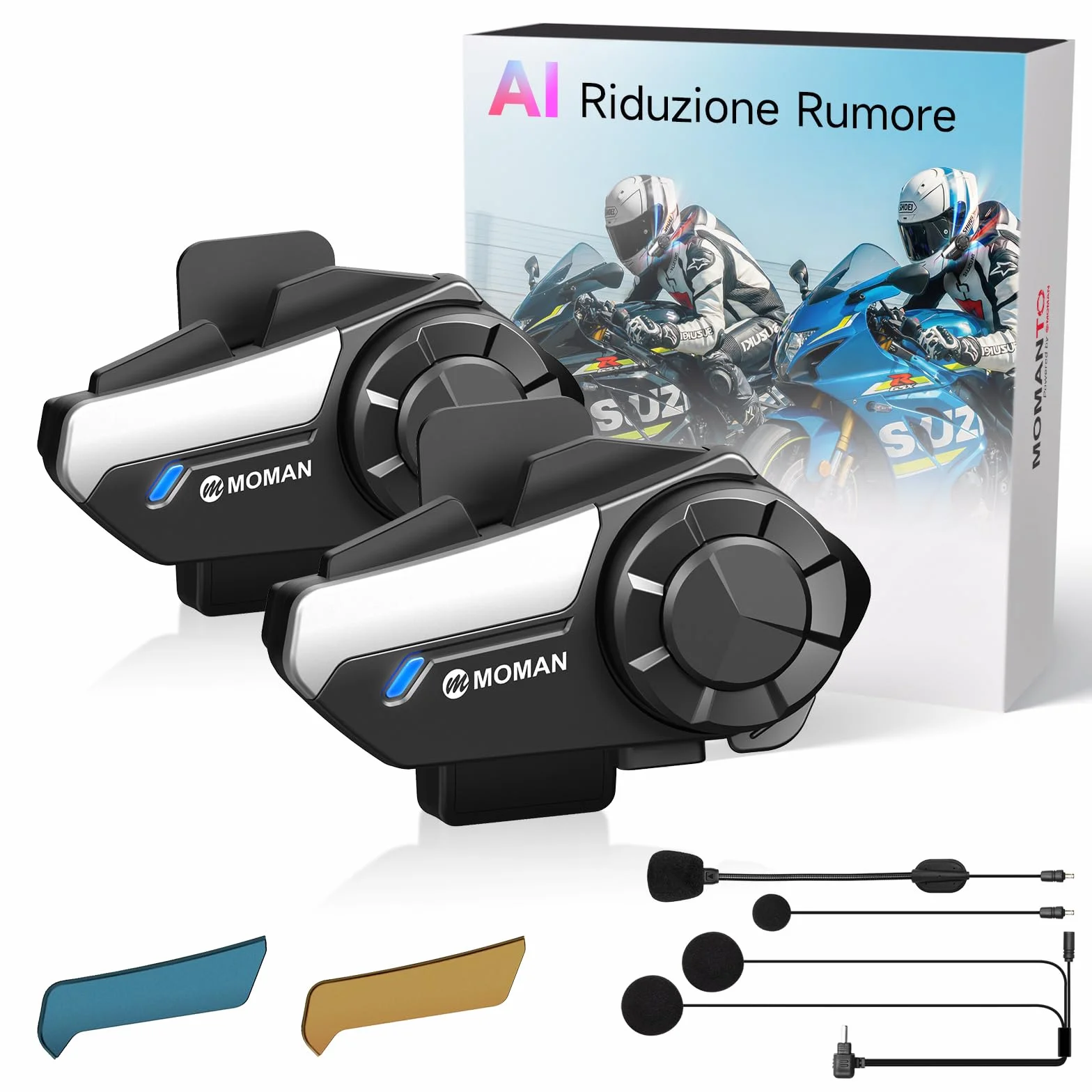 Moman Interfono Moto Coppia H2S Auricolare Casco Moto 1000M Sistema Comunicazione Riduzione Rumore Tripla Audio Multifunzione Hi-Fi Stereo Radio FM Controllo Vocale AI IPX6 Impermeabile