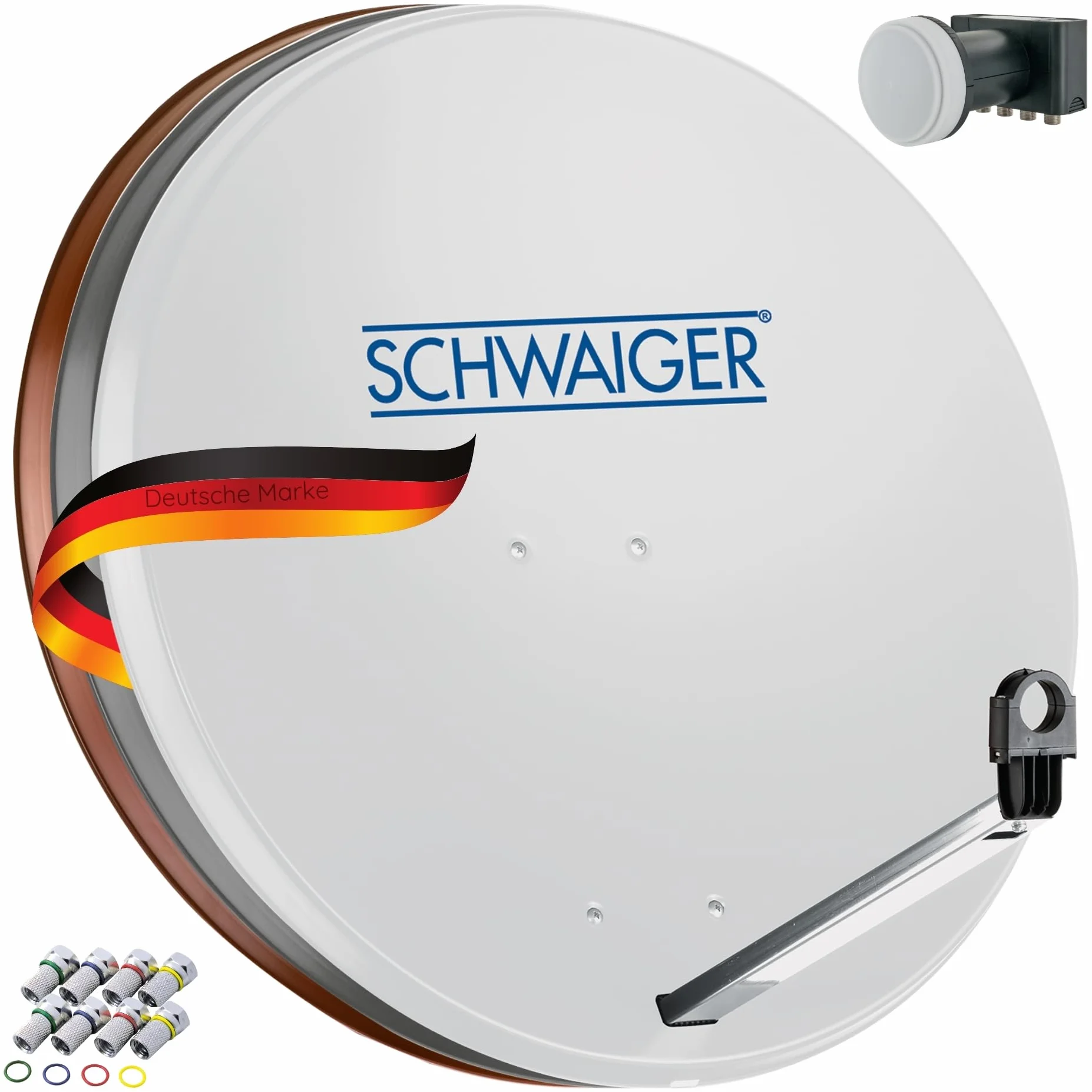 SCHWAIGER Sistema SAT Set satellitare Parabola satellitare Quad LNB digitale 8X connettore F 7mm acciaio Antenna SAT completa Grigio chiaro 74,5 x 84,5 cm