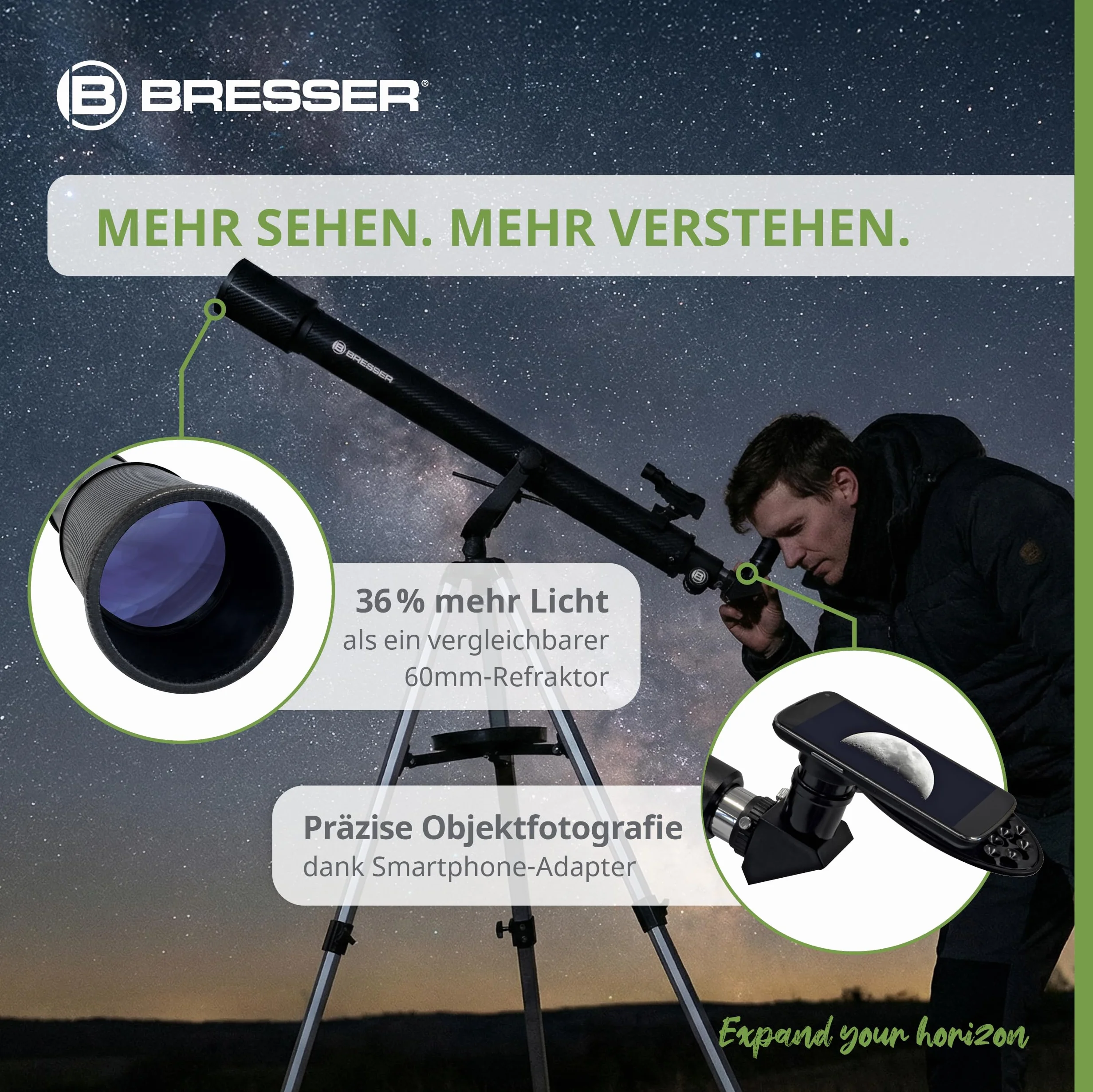 BRESSER Telescopio rifrattore Bresser Sirius 70/900 AZ con adattatore per fotocamera smartphone