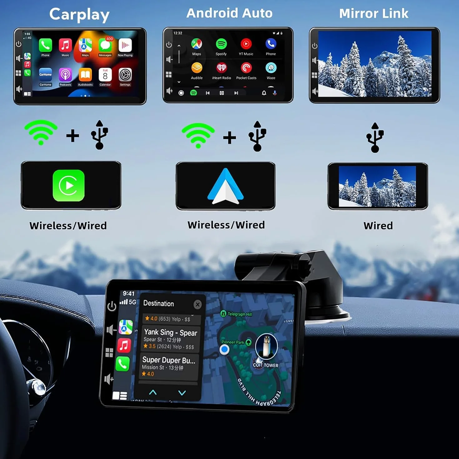 Schermo per Auto con Wireless CarPlay - Display Android Auto 7 Pollici Touchscreen Monitor - Portatile Autoradio Carplay con Mirror Link, Retrocamera, Assistente Vocale, AUX/TF