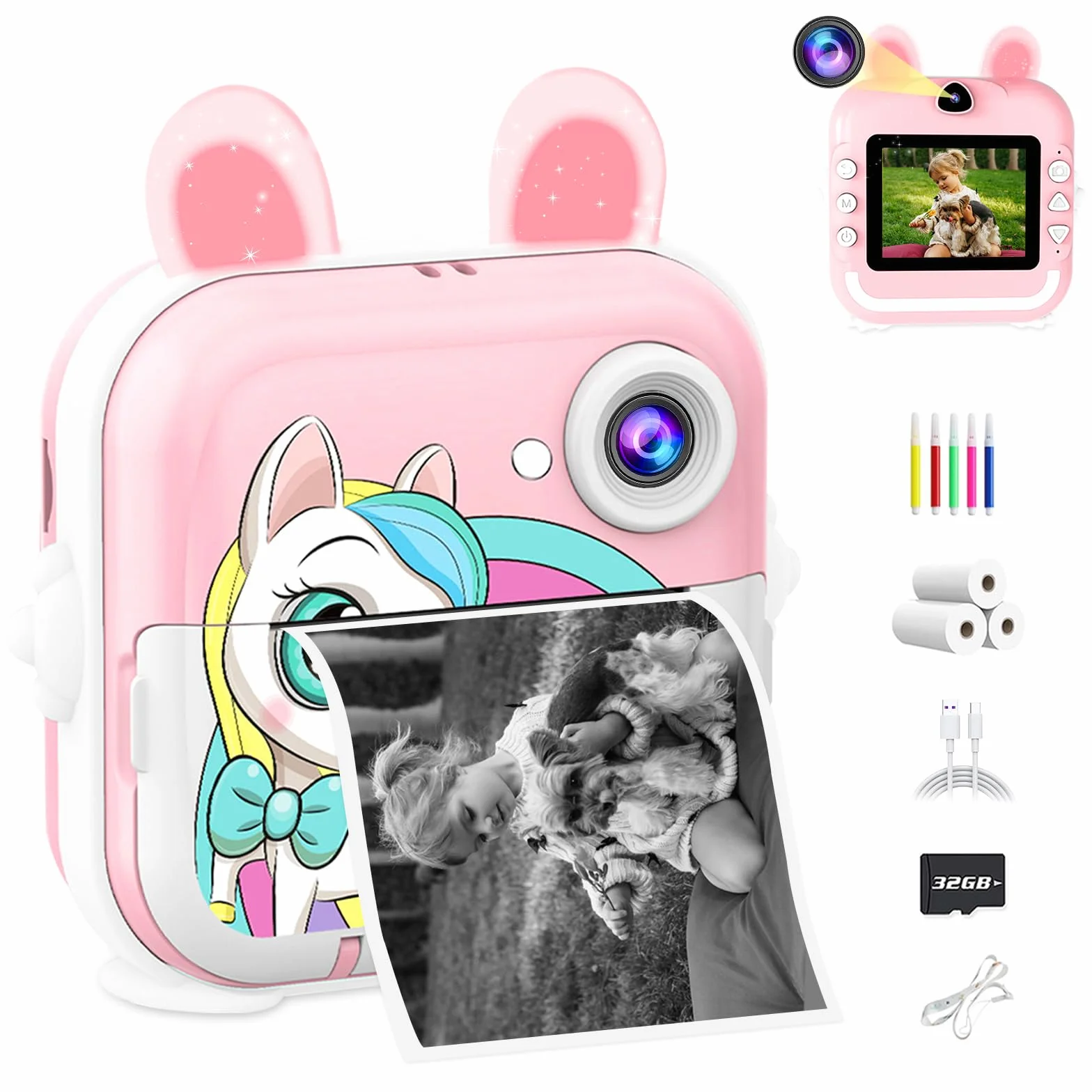 CATGIFF Macchina Fotografica Bambini Istantanea, 2.4 Pollici 1080P HD Fotocamera Digitale Bambini con Matita Colorata Carta da Stampa e 32GB Scheda, Rosa