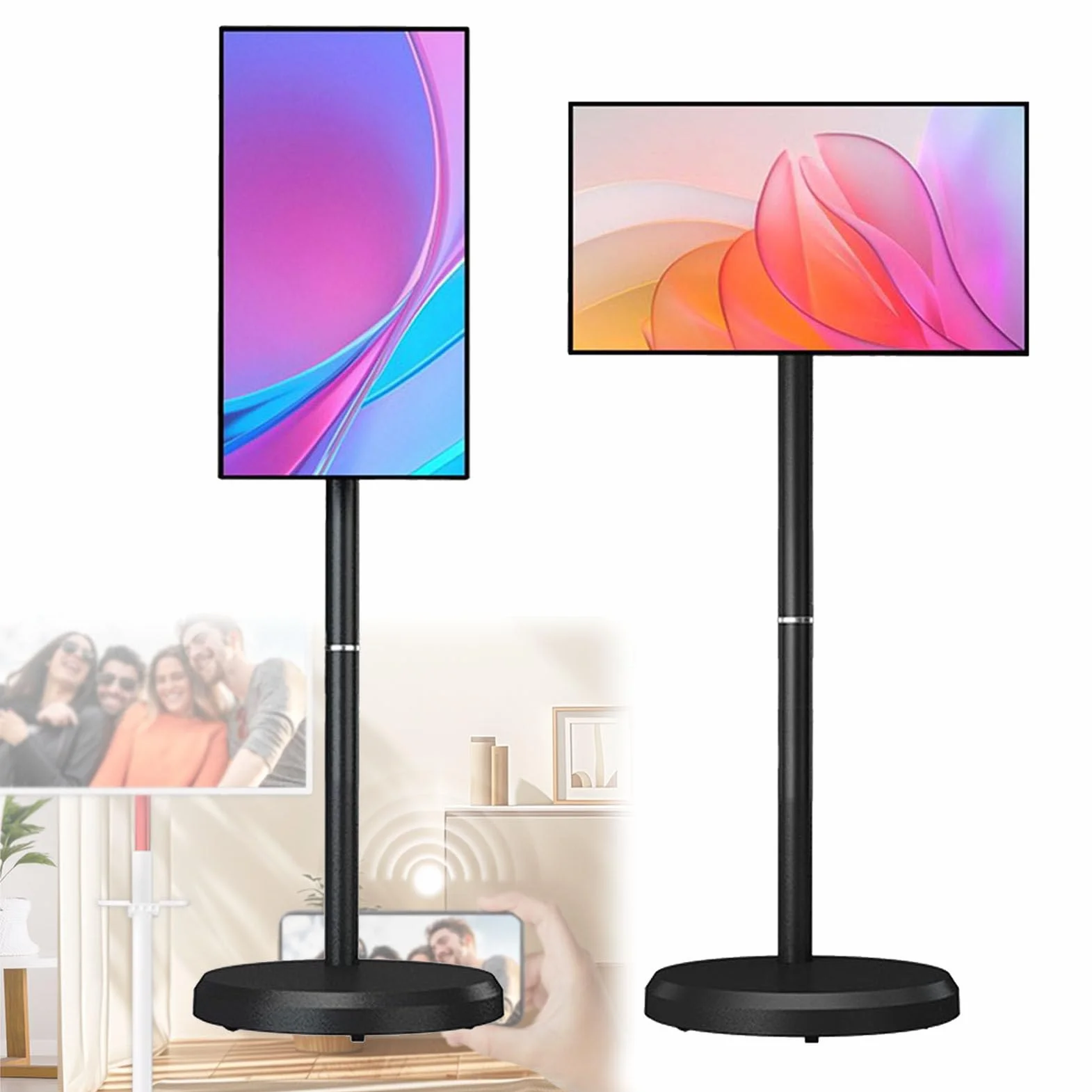 Smart TV Portatile FHD da 21,5 Pollici, operativo Android 14, TV Mobile su Ruote con Touch Screen Girevole, Batteria Integrata da 6000 mAh, Rotazione Completa Black-4+64G