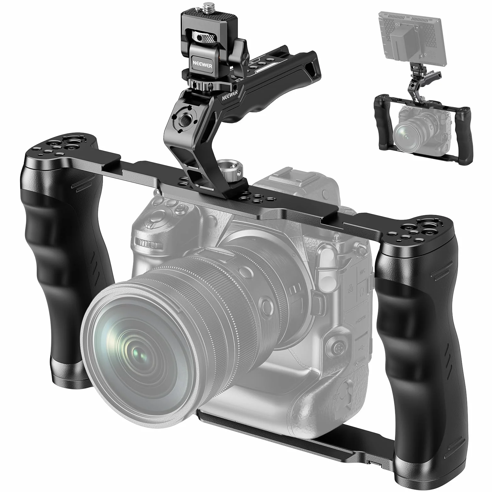 NEEWER Camera Cage Universale+Top Handle e Supporto Monitor Cold Shoe, Stabilizzatore Gimbal Fotocamera Tipo Arca, 2 Maniglie, 3/8" per ARRI, Rig Video Compatibile con SmallRig Accessori, CA016T+MA006