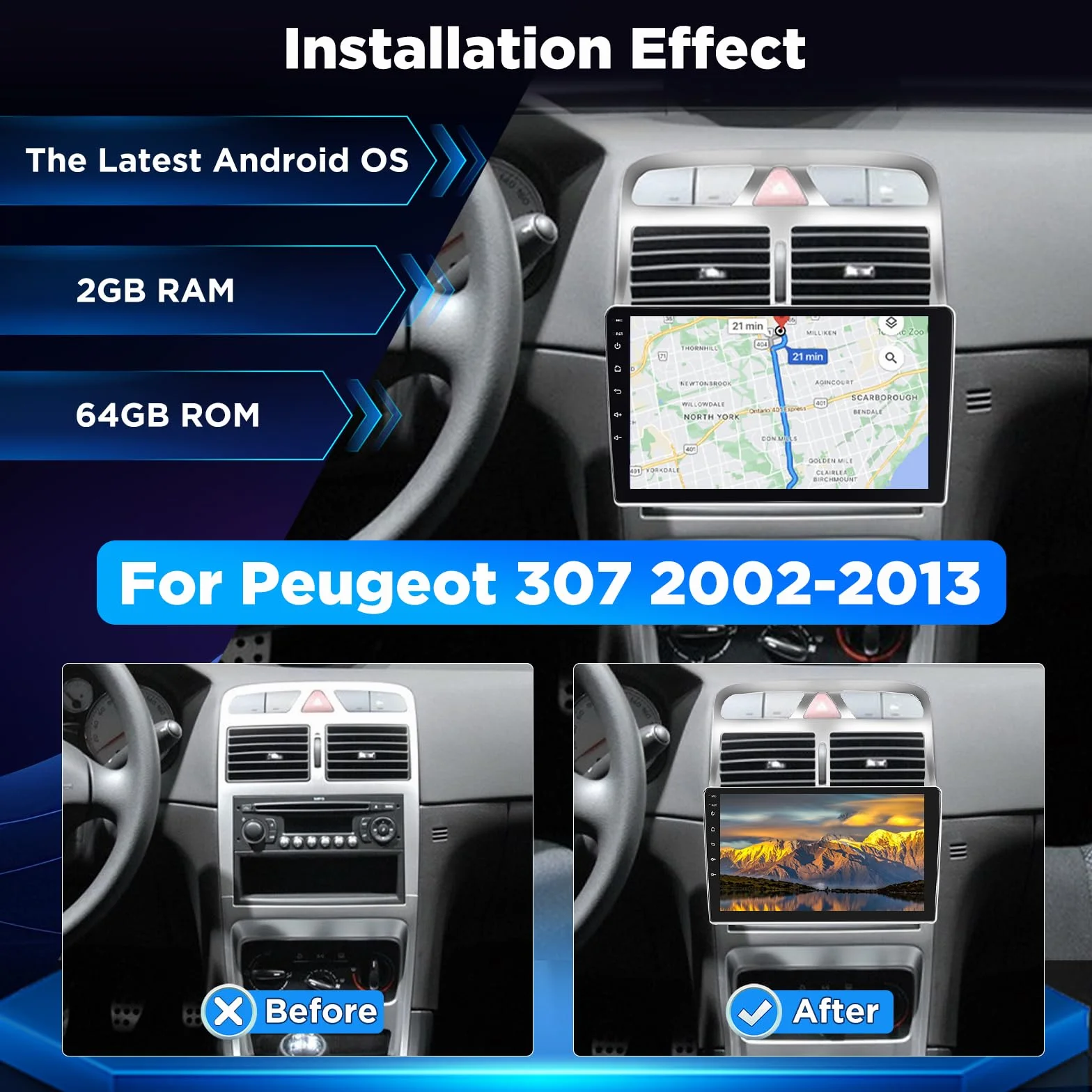 Autoradio Android per Peugeot 307 2002-2013, stereo touchscreen IPS da 9 pollici 2+64G con CarPlay & Android Auto wireless, GPS WiFi Bluetooth DSP 32EQ Audio + telecamera posteriore AHD
