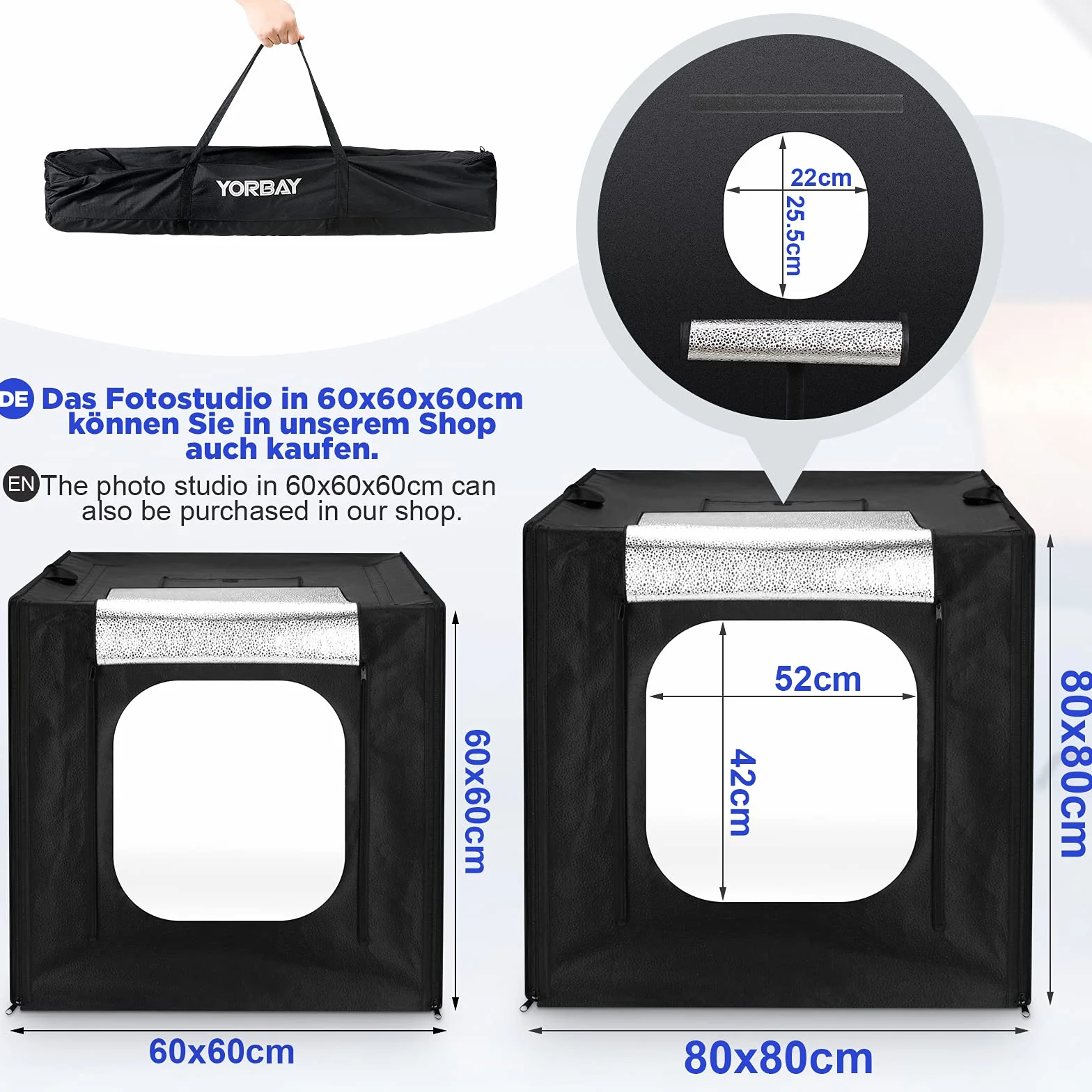 Yorbay Fotostudio Set per studio fotografico 80 x 80 x 80 cm, CRI 95+, con 4 pellicole in PVC (nero, bianco, grigio, bianco caldo)