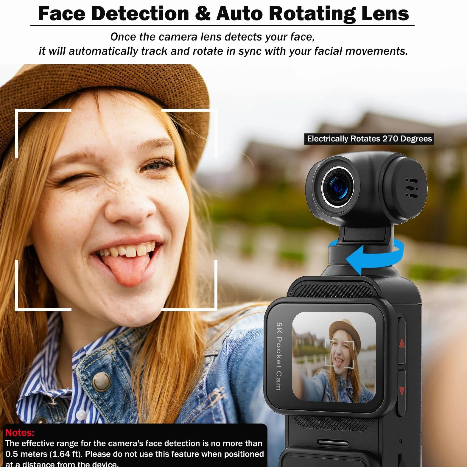 ydi 5K Fotocamera per Vlog con Touchscreen, Videocamera Portatile Wi-Fi POV Camera con Lente Elettrica Ruotabile a 270°, Rilevamento del Volto, Telecomando, Microfono Esterno, Scheda da 64GB