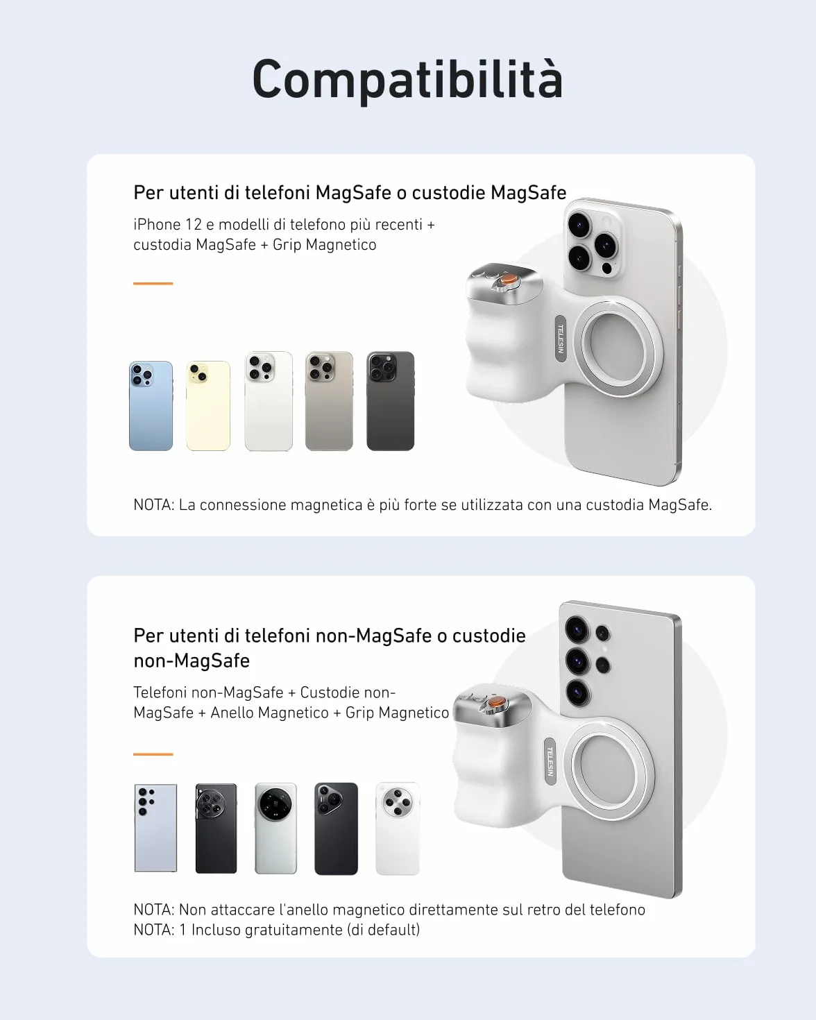 TELESIN Fun Shot Impugnatura Smartphone, Magnetica Impugnatura per Smartphone con Telecomando Bluetooth Staccabile, Filettatura da 1/4, Compatibile con iPhone & Android, Selfie Vlog