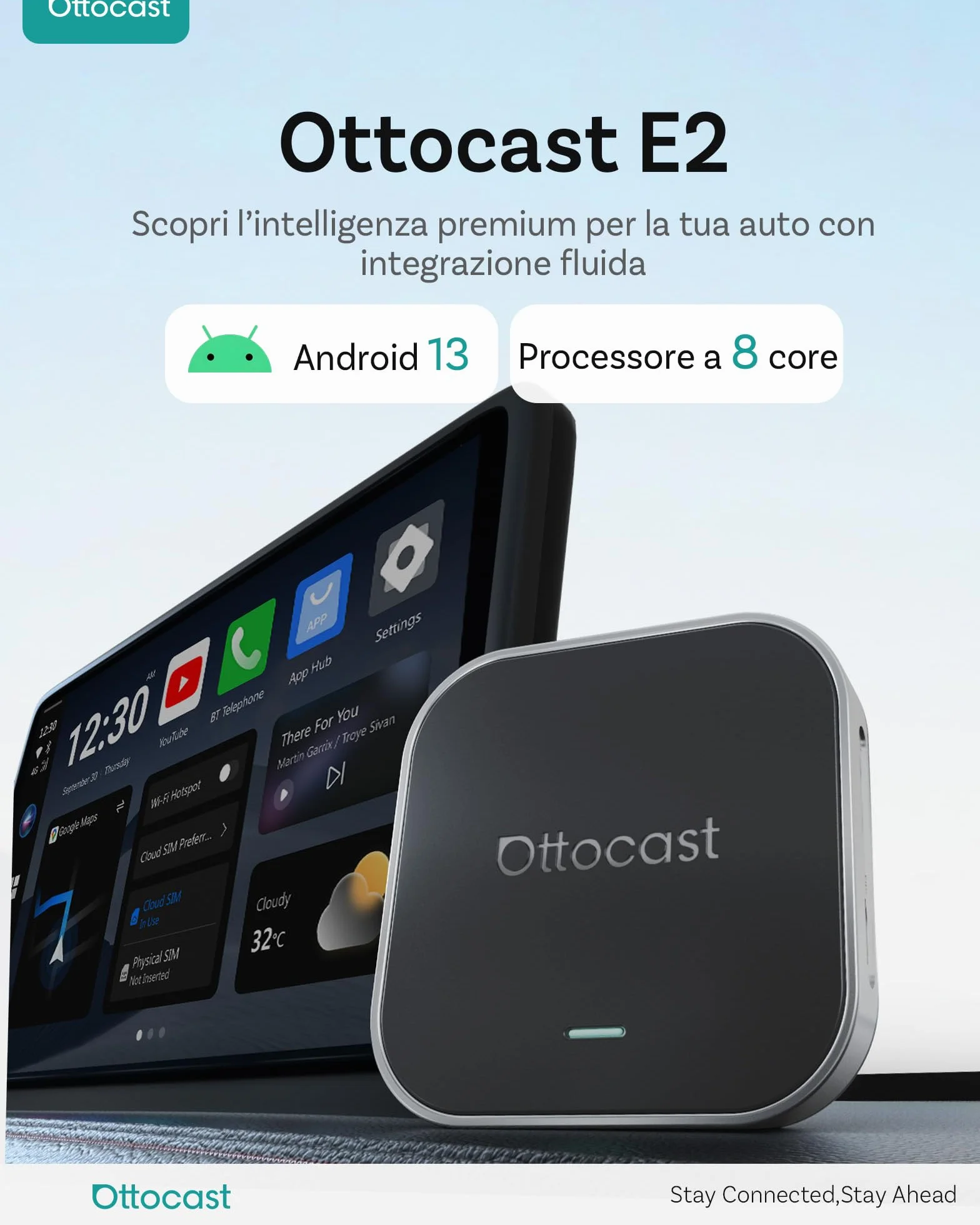 OTTOCAST OttoAibox E2 2026 AI Box, 3-in-1 CarPlay e Android Auto Wireless Android 13 Streaming Box, Adattatore CarPlay Wireless Dual WiFi, Schermo Diviso, Bluetooth 5.0, Aggiornamento FOTA