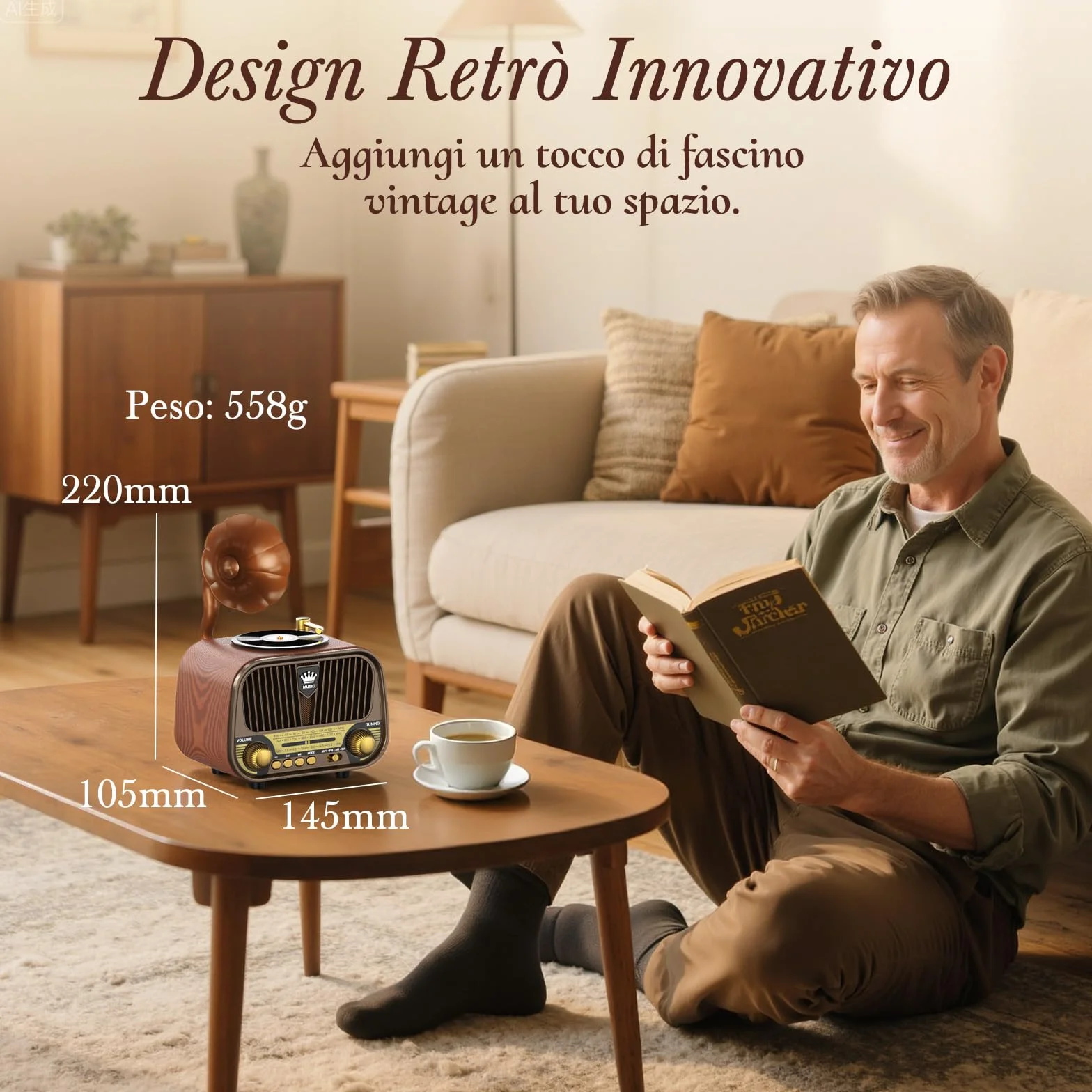 PRUNUS J-190 Radio Portatile Vintage FM/AM/SW, Bluetooth 6.0, Batteria 1800 mAh, TF/USB/AUX