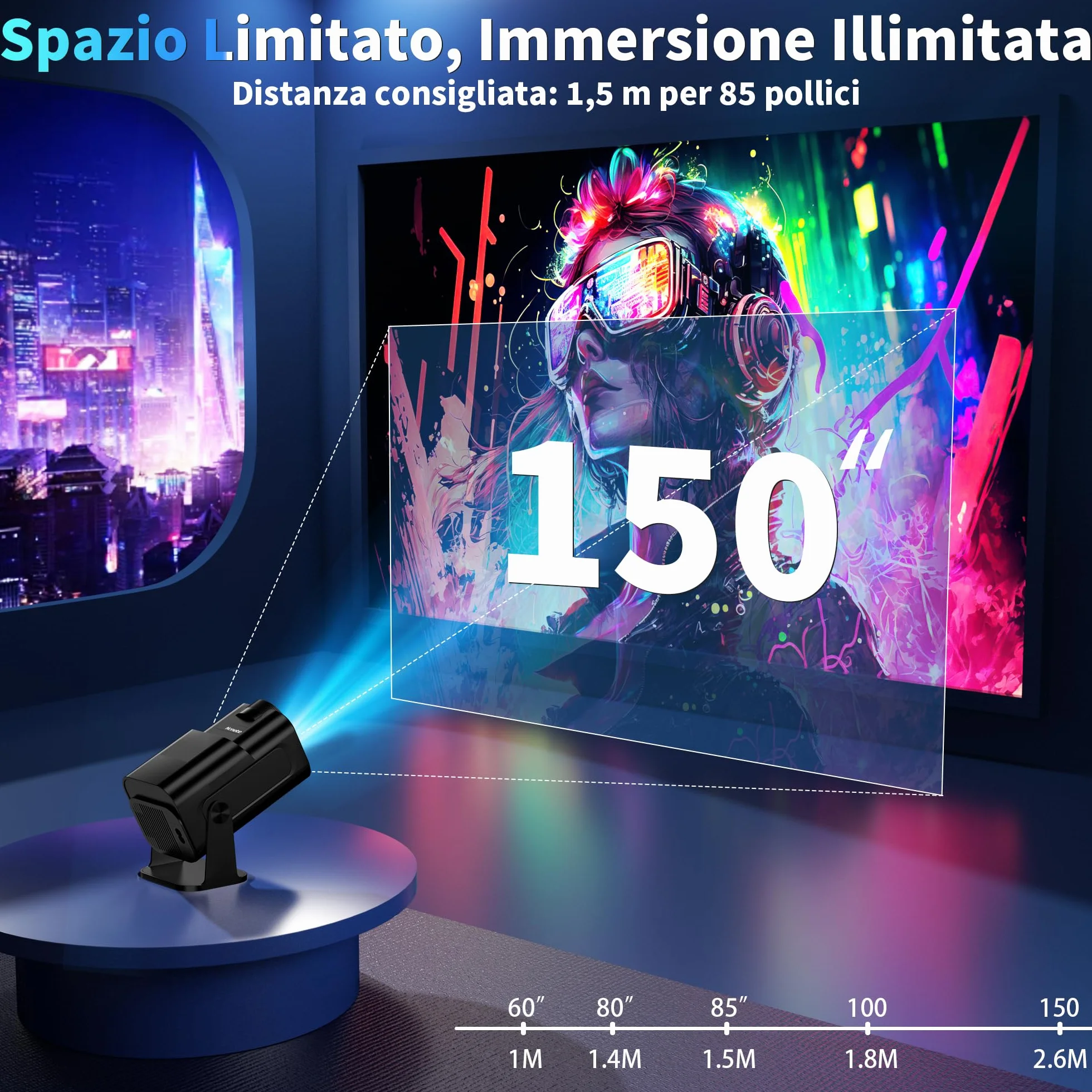 Proiettore 1080P 4K WiFi 6 Bluetooth 5.2 Mini Portatile con Rotativo 270° Auto Keystone Nero