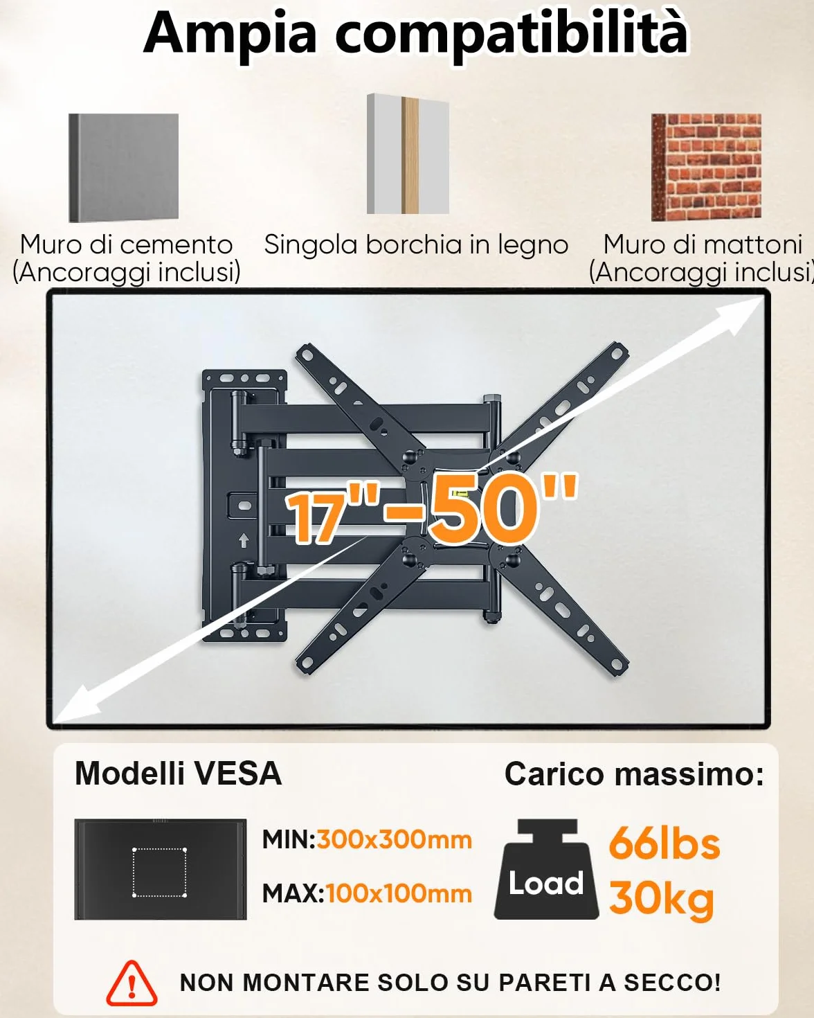 Supporto TV Parete con Braccio Articolato Extra Lungo 1035 mm, 180° Rotazione Supporto TV Monitor per LED/LCD da 17-50 Pollici Fino a 30 kg, Inclinabile Orientabile Estensibile, VESA 300 x 300 mm