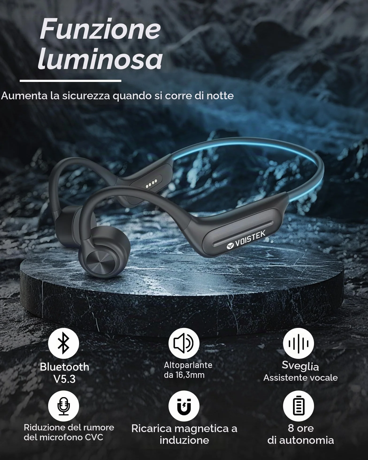 Voistek Cuffie Conduzione Ossea, IP68 Impermeabili Subacquee per Piscina e Nuoto, Bluetooth 5.4 con Lettore MP3 Built-in 32G Memoria, Auricolari Sportive per Surf, Corsa, Ciclismo