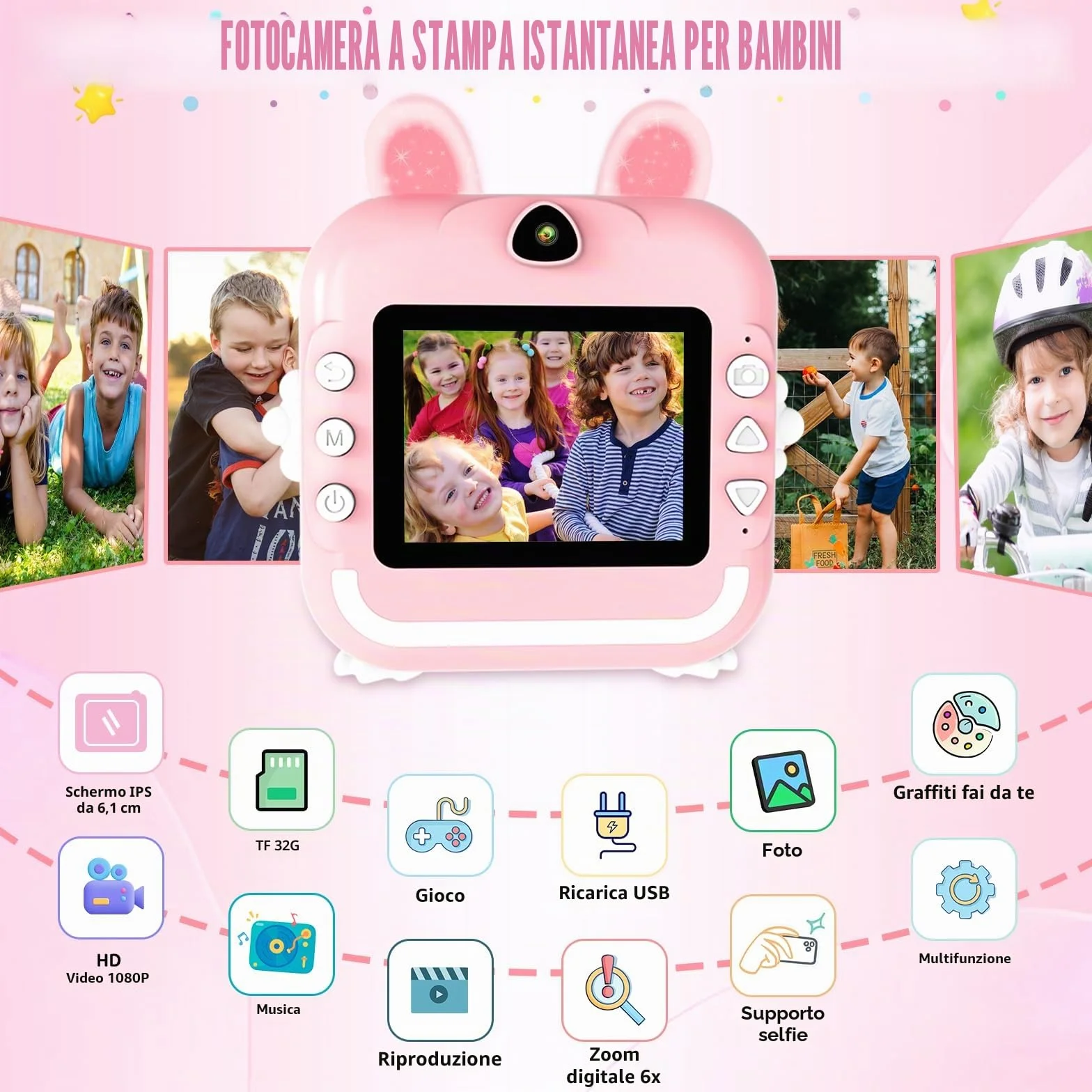 CATGIFF Macchina Fotografica Bambini Istantanea, 2.4 Pollici 1080P HD Fotocamera Digitale Bambini con Matita Colorata Carta da Stampa e 32GB Scheda, Rosa