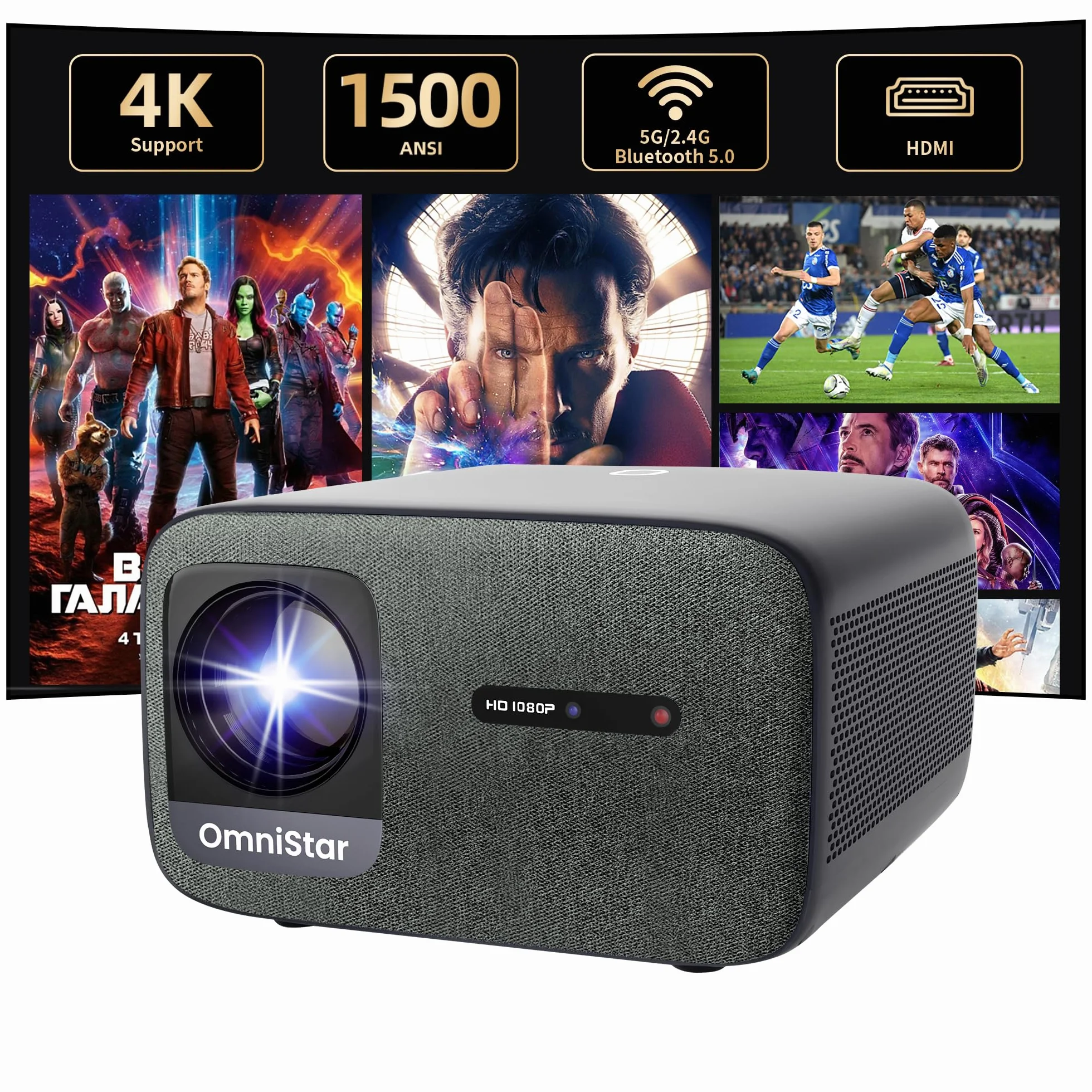 CASIRIS Omnistar Proiettore 1500 ANSI| Messa a fuoco automatica | Supporto 1080P Full HD 4K | Proiettore video Bluetooth 16:9 5G WiFi per TV Stick, Home Cinema, Ufficio, Club, Esterno