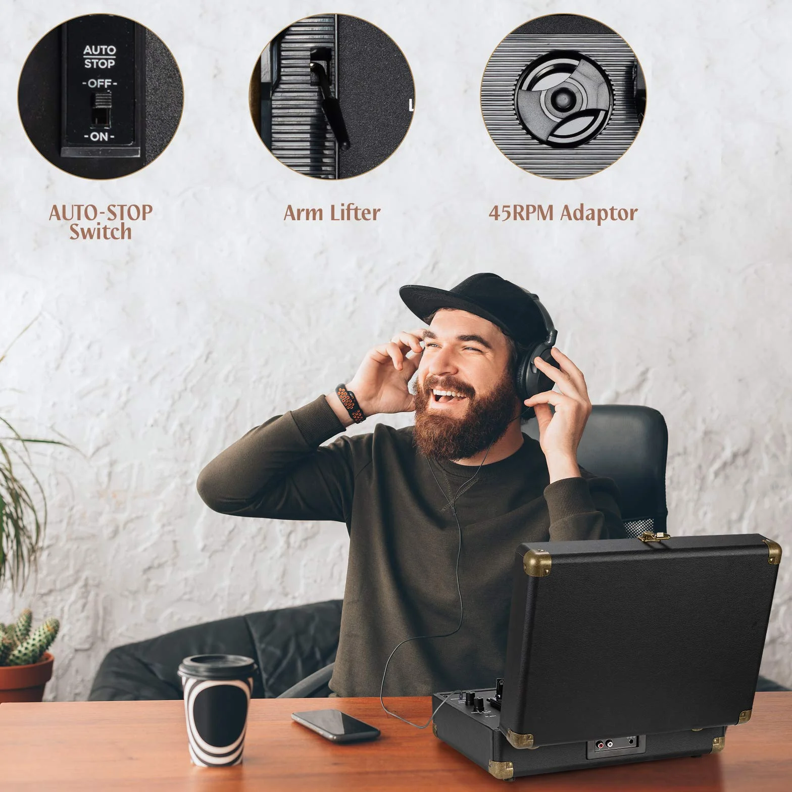Giradischi Bluetooth 3-Velocità 33/45/78 Giri, Stereo Portatile Vintage con Altoparlanti, RCA, AUX, Cuffie