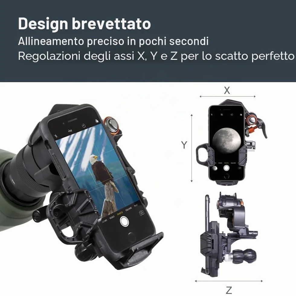 Celestron 81055 NexYZ Adattatore universale per smartphone a 3 assi, design brevettato - funziona con telescopi, cannocchiali, binocoli, monocoli e microscopi, nero