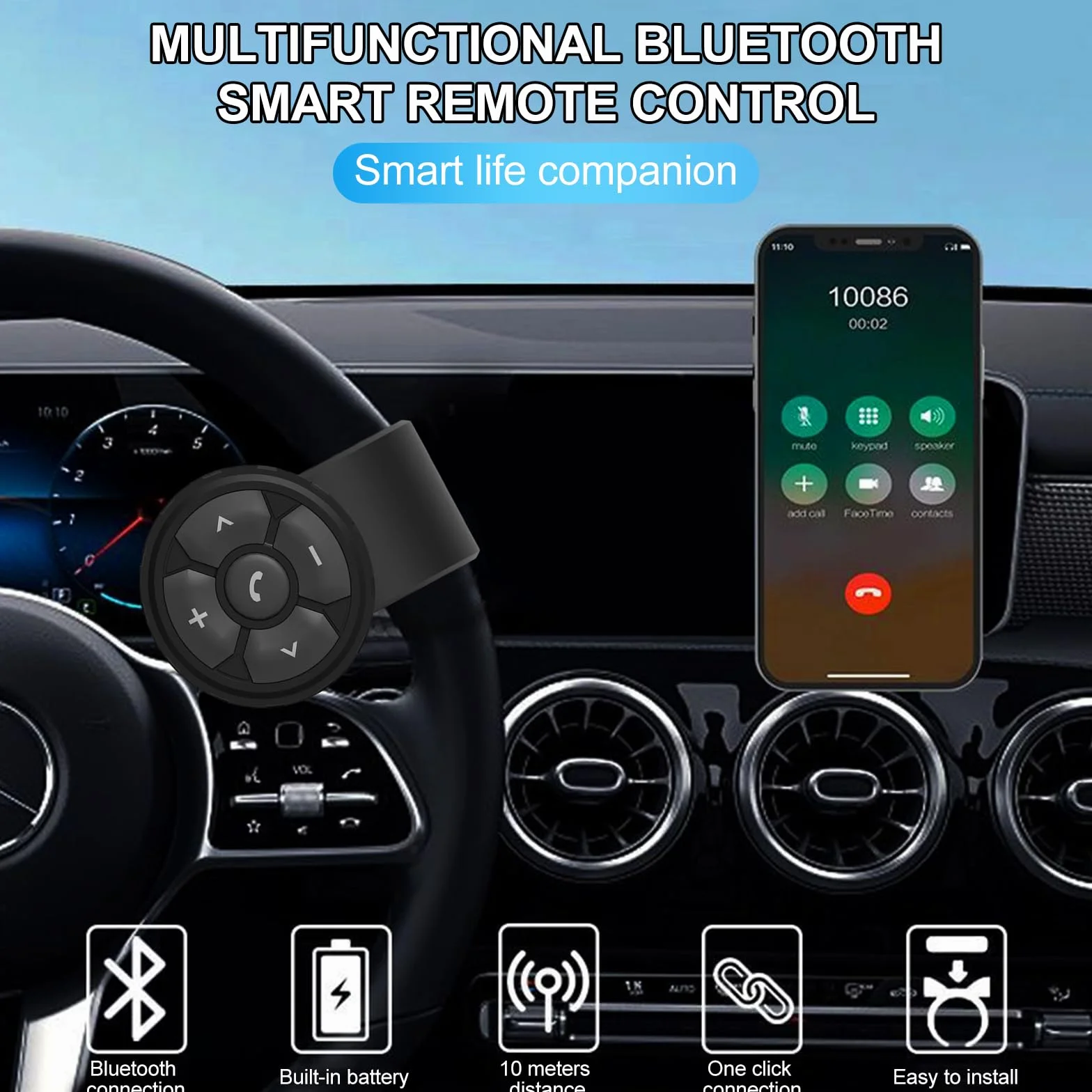 VOBOR Auto Moto Telecomando Multimediale Bluetooth, IP67 Impermeabile Wireless Bluetooth Telecomando Telefono Kit- con Funzioni Chiamate, Volume, Siri, Fotocamera
