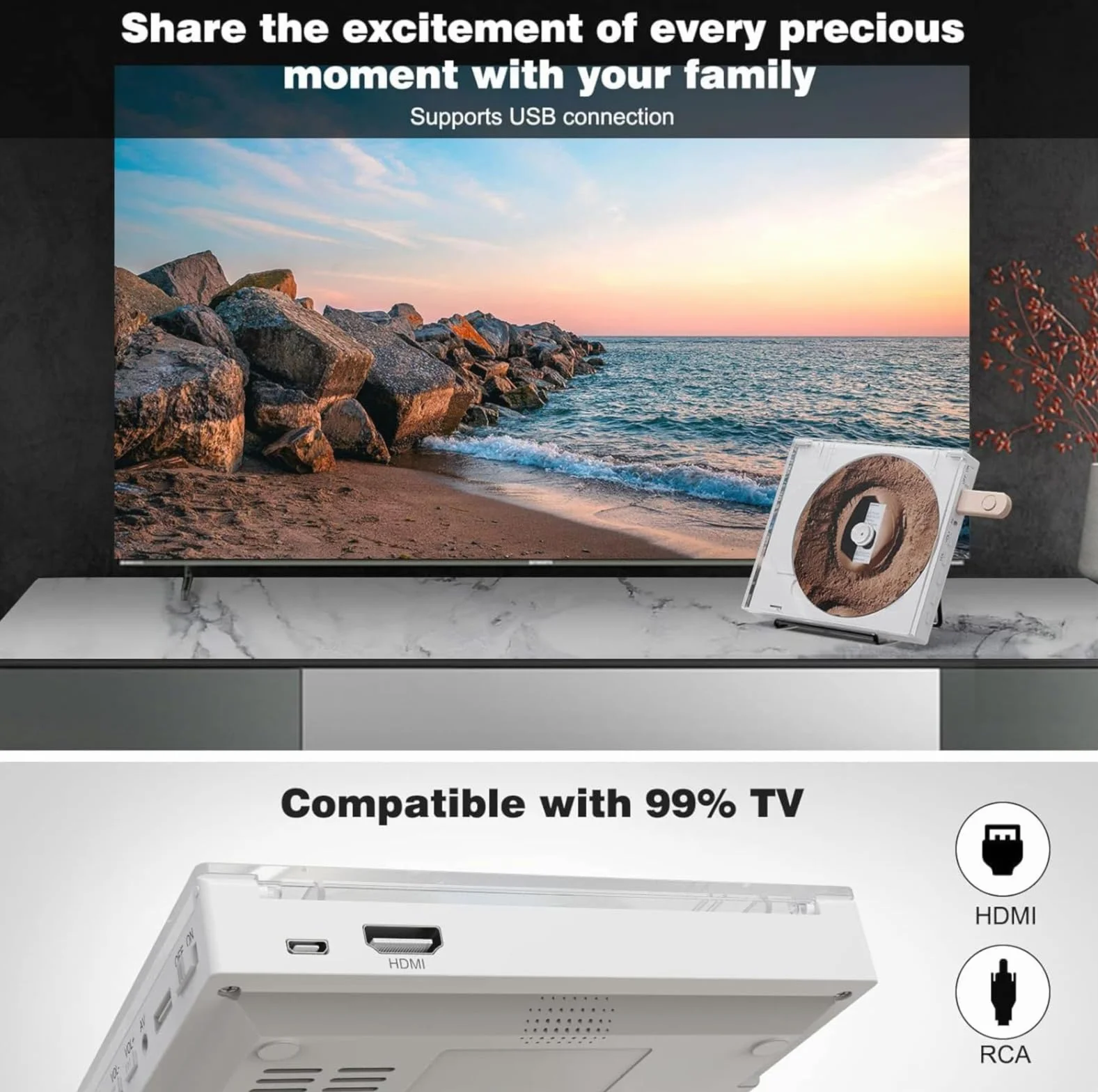 Lettore DVD Super Slim, Lettore DVD Compatto per TV, Player con Altoparlante HiFi Integrato, Uscita USB, Porta AUX da 3,5mm, PAL/NTSC Integrato (USB)