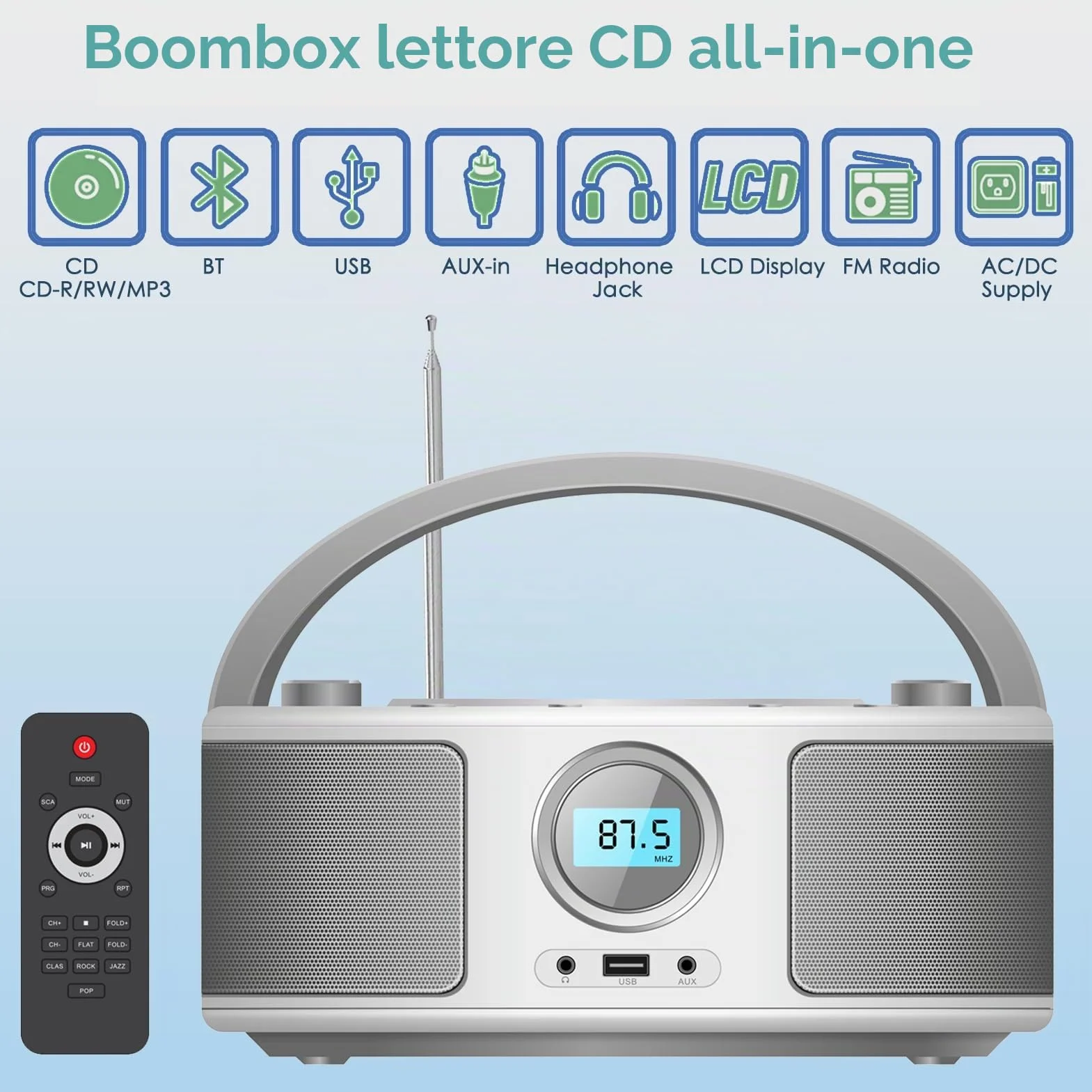 Radio Portatili Boombox con Bluetooth, Telecomando, Lettore CD Stereo con Radio FM, Ingresso Blue Tooth, USB, AUX-IN,Compatibile CD-R/CD-RW,AC o Alimentato a Batteria