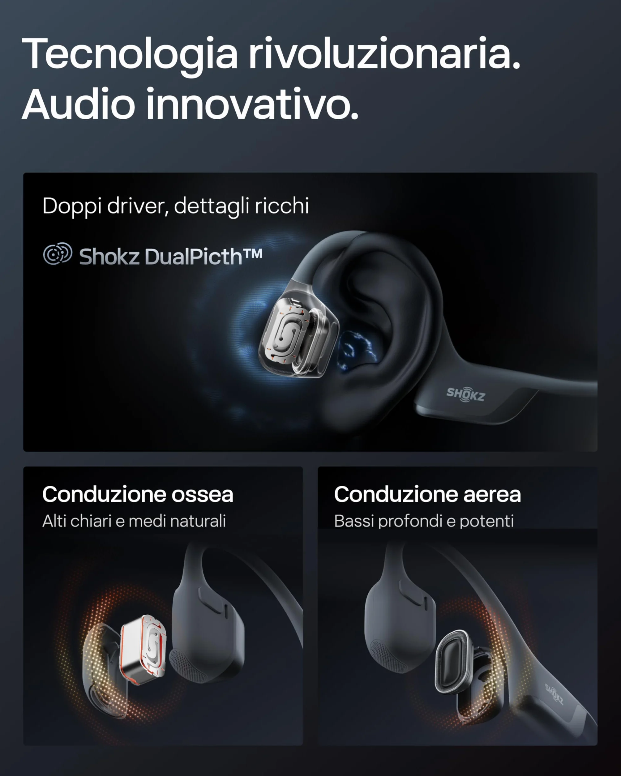 SHOKZ Cuffie Sportive OpenRun Pro 2 a Conduzione Ossea, Wireless Bluetooth 5.3, Microfoni con Cancellazione Rumore, Impermeabili IP55, 12 Ore Riproduzione, Ricarica Rapida USB-C, Nero