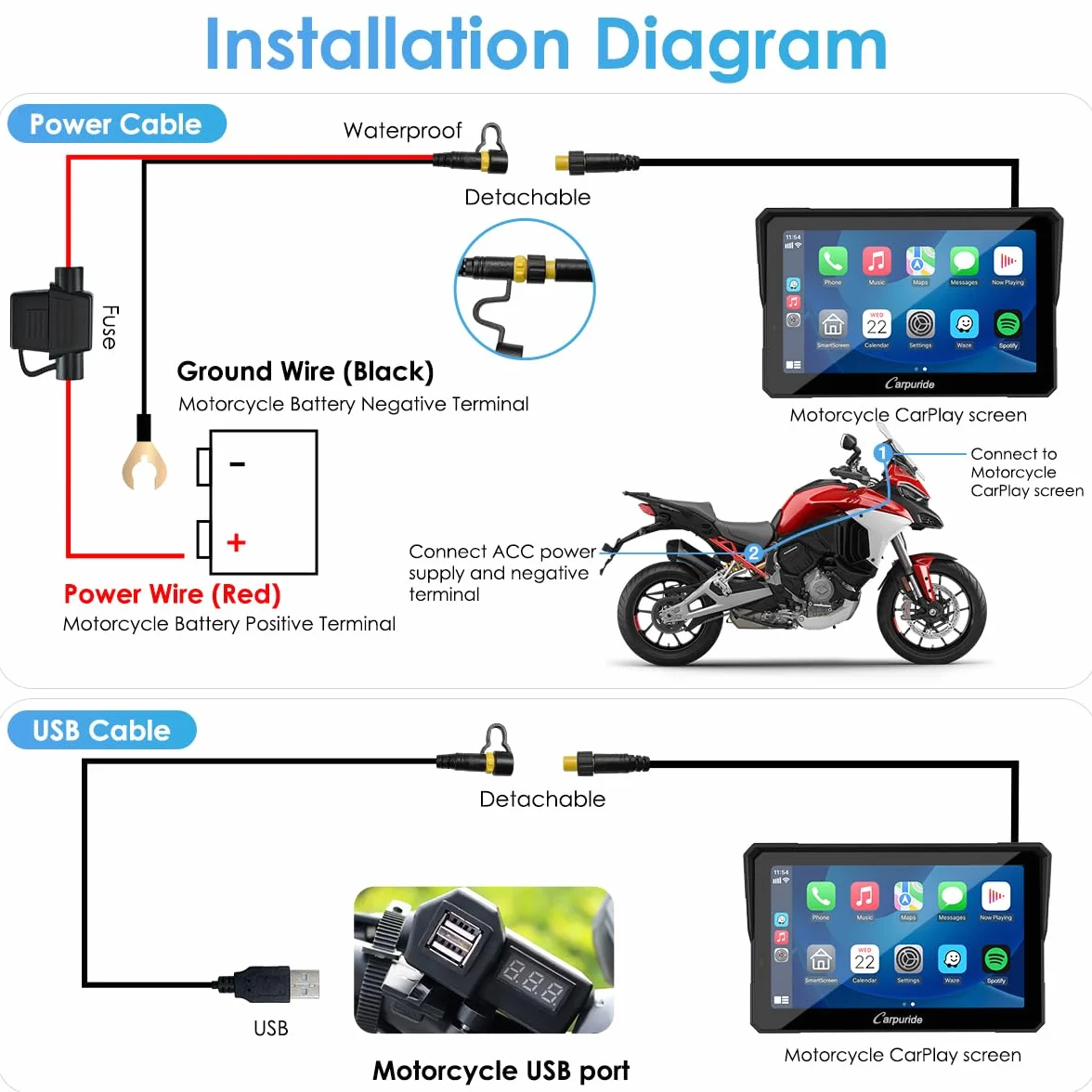 Carpuride W702 Pro Moto Carplay Schermo con Interfono Funzione, Senza Fili CarPlay e Android Auto, Portatile da 7 Pollici Impermeabile Touchscreen, Aggiornato Doppio Bluetooth, Navigazione, Bussola.