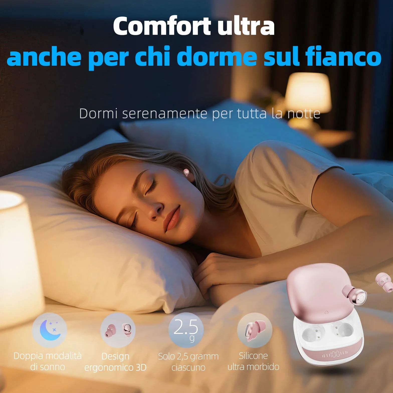 Cuffie Bluetooth, Cuffie per Dormire sul Fianco, Auricolari Bluetooth 5.4 con Doppia Modalità Sonno, 40 Ore Mini Sleep Earbuds Bluetooth, 6 modalità EQ Mini In Ear Auricolari IPX7, Display LED
