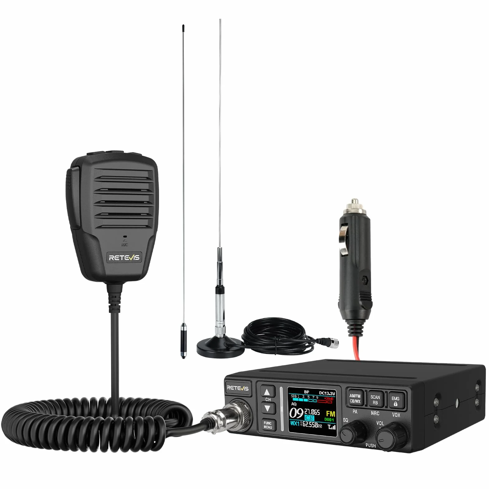 Retevis MB63B CB Radio e Antenna, NRC Cancellazione Del Rumore Radio CB Veicolare,12V/24V, AM/FM, TFT Colori, CTCSS/DCS, VOX, 40 Canali,EMG CH9/19 Radio CB Portatile per Team Fuoristrada (1 Pezzo)