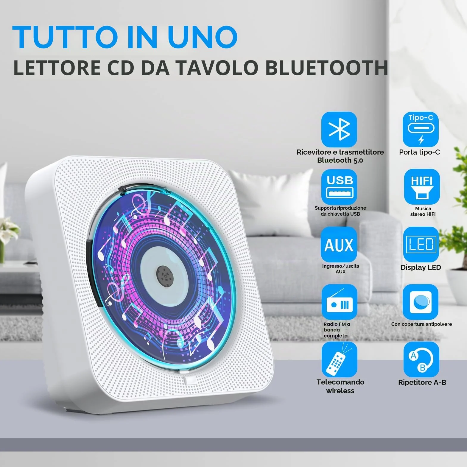 Gueray Lettore CD Bluetooth Hifi Con Altoparlante, Telecomando, Protezione Antipolvere, Schermo LED, Timer, Radio - Supporta AUX, USB, TF Card Playback