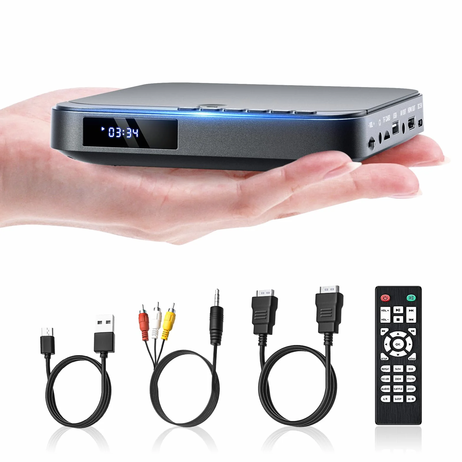 DESOBRY Mini lettore DVD per TV HD 1080P HDMI con tutte le regioni Uscita AV Ingresso scheda USB/TF Telecomando Lettore DVD Supporto PAL/NTSC
