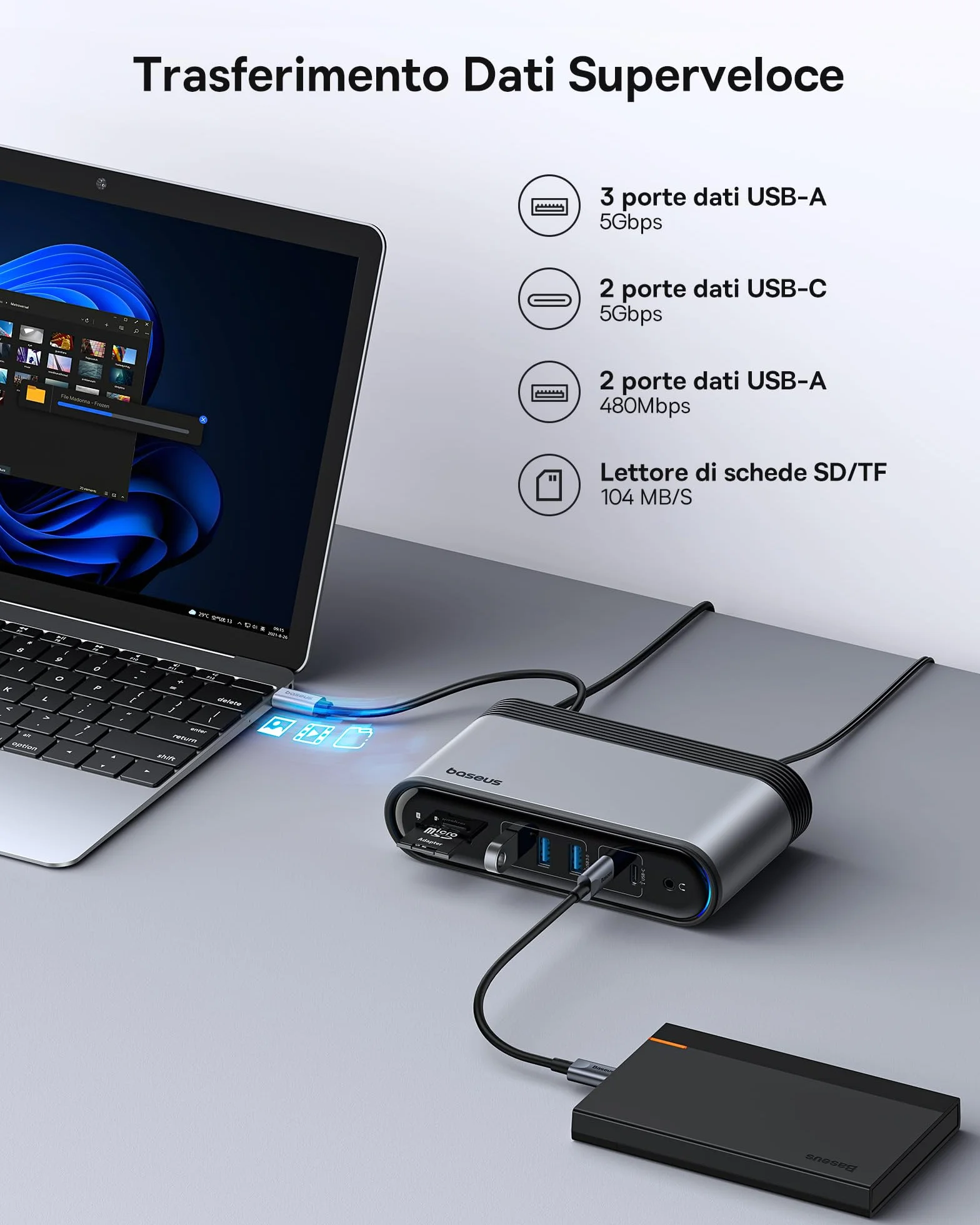 Baseus Docking Station 17 in 1 3 monitor 4K a 60Hz Adattatore con 2 HDMI, DisplayPort, 5 USB Data 3.0 5 Gbps, PD 100 W, Gigabit Ethernet per HP/Lenovo/Dell/MacBook/Surface Laptop