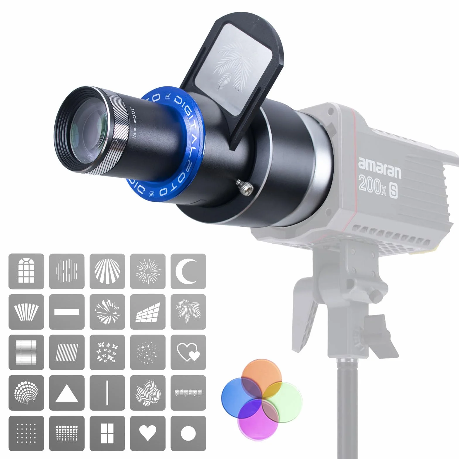 DF DIGITALFOTO Snoot Ottico Bowens Proiettore, 25 Gobo, Allegato per la Fotografia Spotlight, Compatibile con Aputure Amaran 100X/D 200D/X, Godox SL60 per Moda, Bellezza, Ritratti Focalizzabile