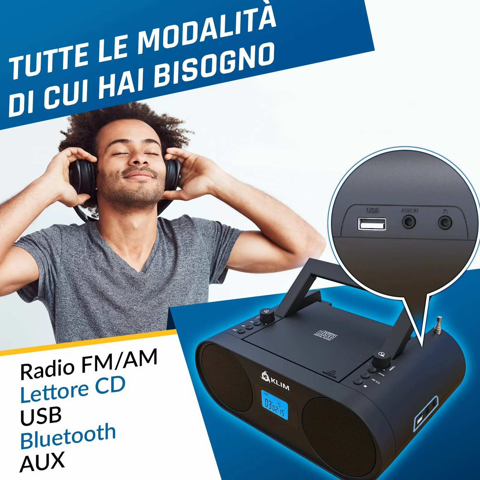 KLIM Lettore CD Stereo Boombox B4 + AM/FM Radio con Lettore CD e USB, Bluetooth, AUX + Stereo casa + Filo o Wireless + Batteria ricaricabile, Telecomando, Standby automatico, EQ Digitale + NUOVO