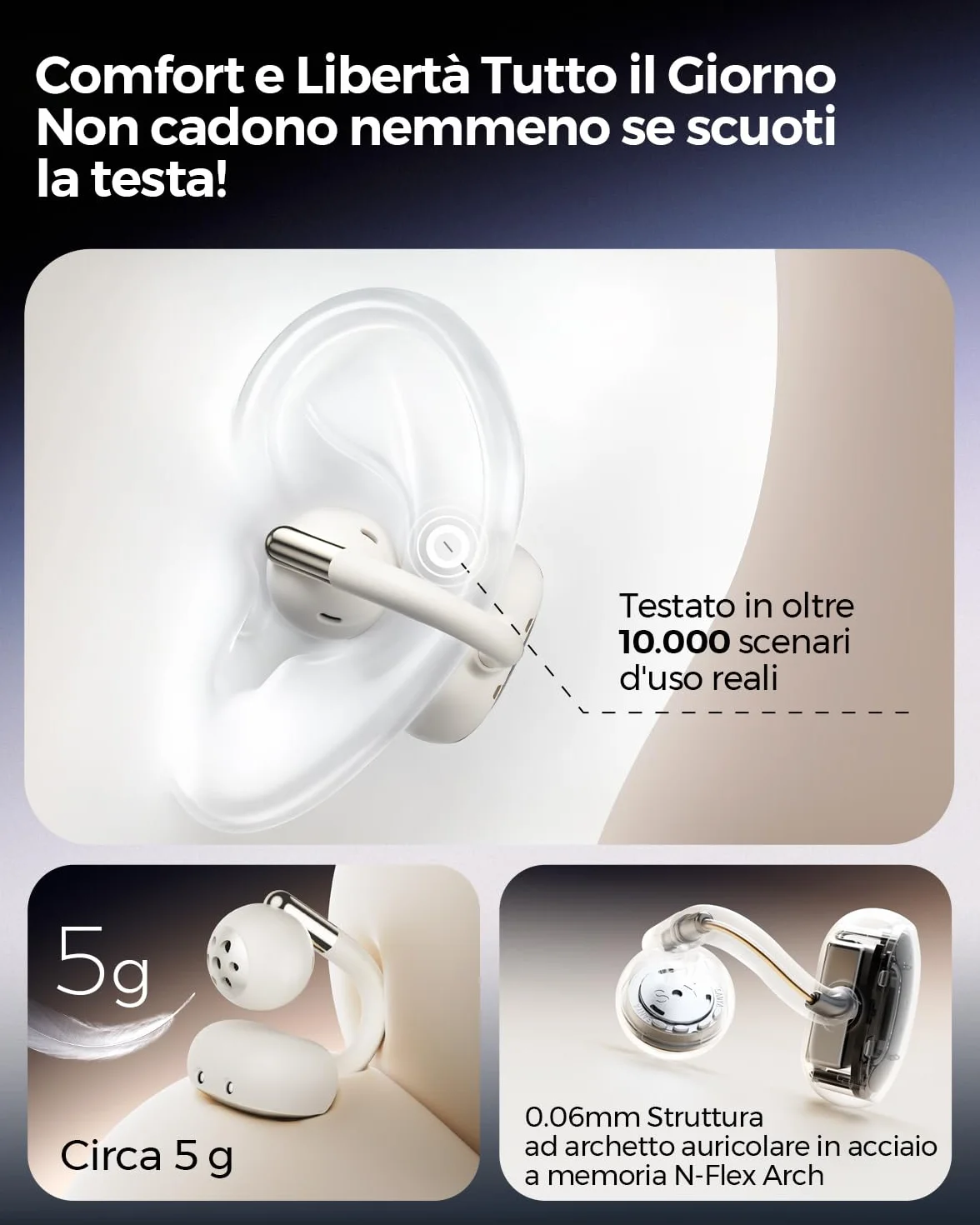 SoundPEATS Clip1 Open-Ear Auricolari, con Hi-Res e LDAC, Audio Dolby, Autonomia di 40 Ore, Ricarica Rapida, Bluetooth 5.4, Connessione Multipla, IPX5, Rilevamento Uso, PeatsAudio APP