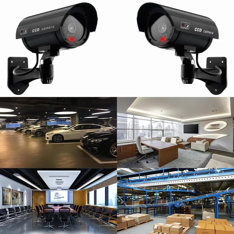 ERWEY 4 Telecamera Finta di Sicurezza, Telecamera di Sorveglianza CCTV Simulata per Uso Interno o Esterno con Luce LED Lampeggiante (4Pcs Nero)