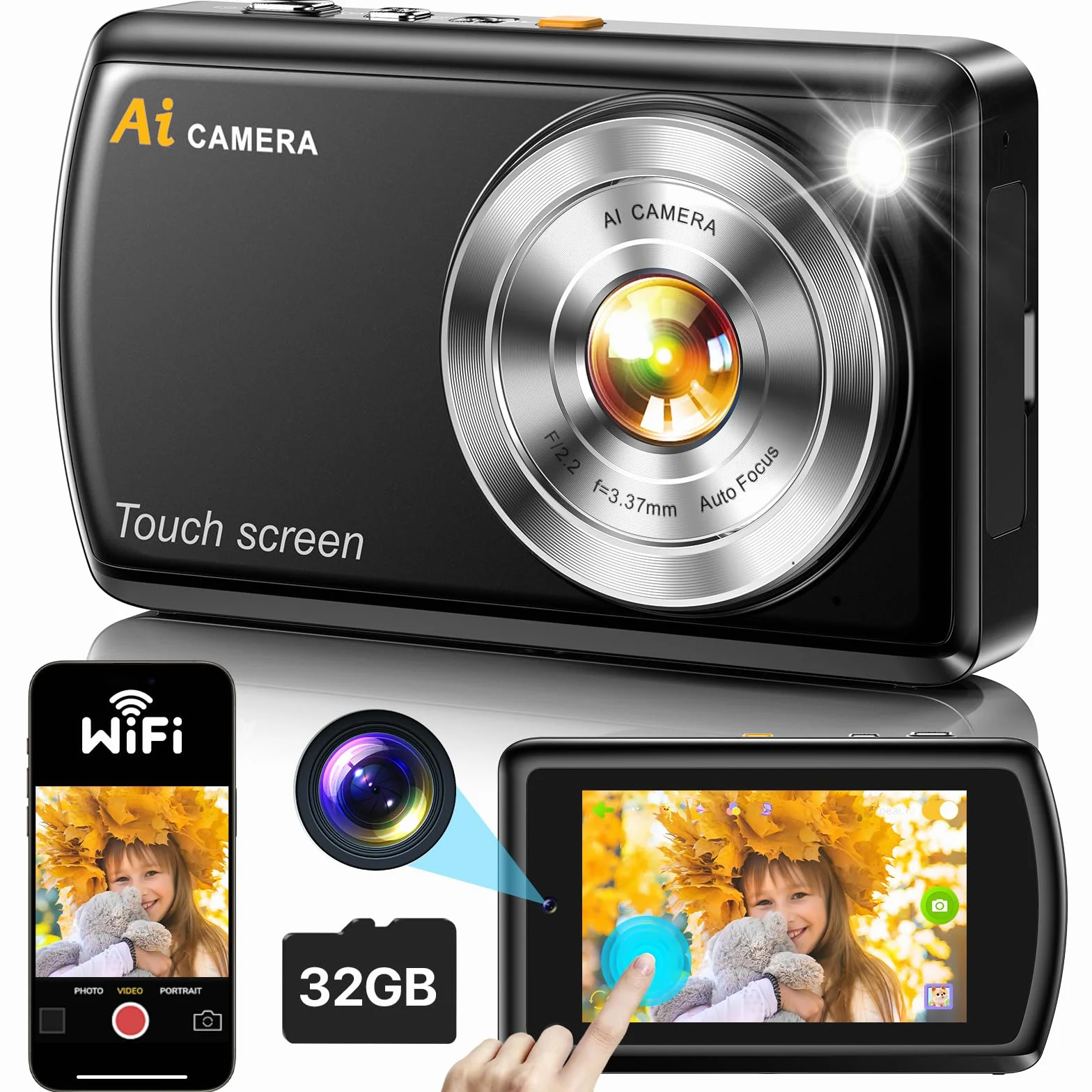 AI Intelligente Macchina Fotografica Digitale con WiFi, Autofocus Fotocamera Doppiac Anteriore e Posteriore con Schermo Touchscreen da 3,6 Pollici, Scheda SD da 32 GB per Bambini, Adolescenti, Adulti