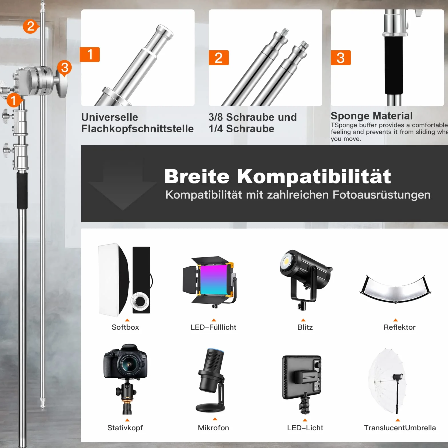 SOONPHO 2-Pack C Stand 100% Acciaio Inossidabile Heavy Duty Supporto a C Fotografia Light Stand C-Stand con 130cm braccio di supporto Kit,testa Grip,clip per Godox AD200 Pro SK400 Aputure(Argento)